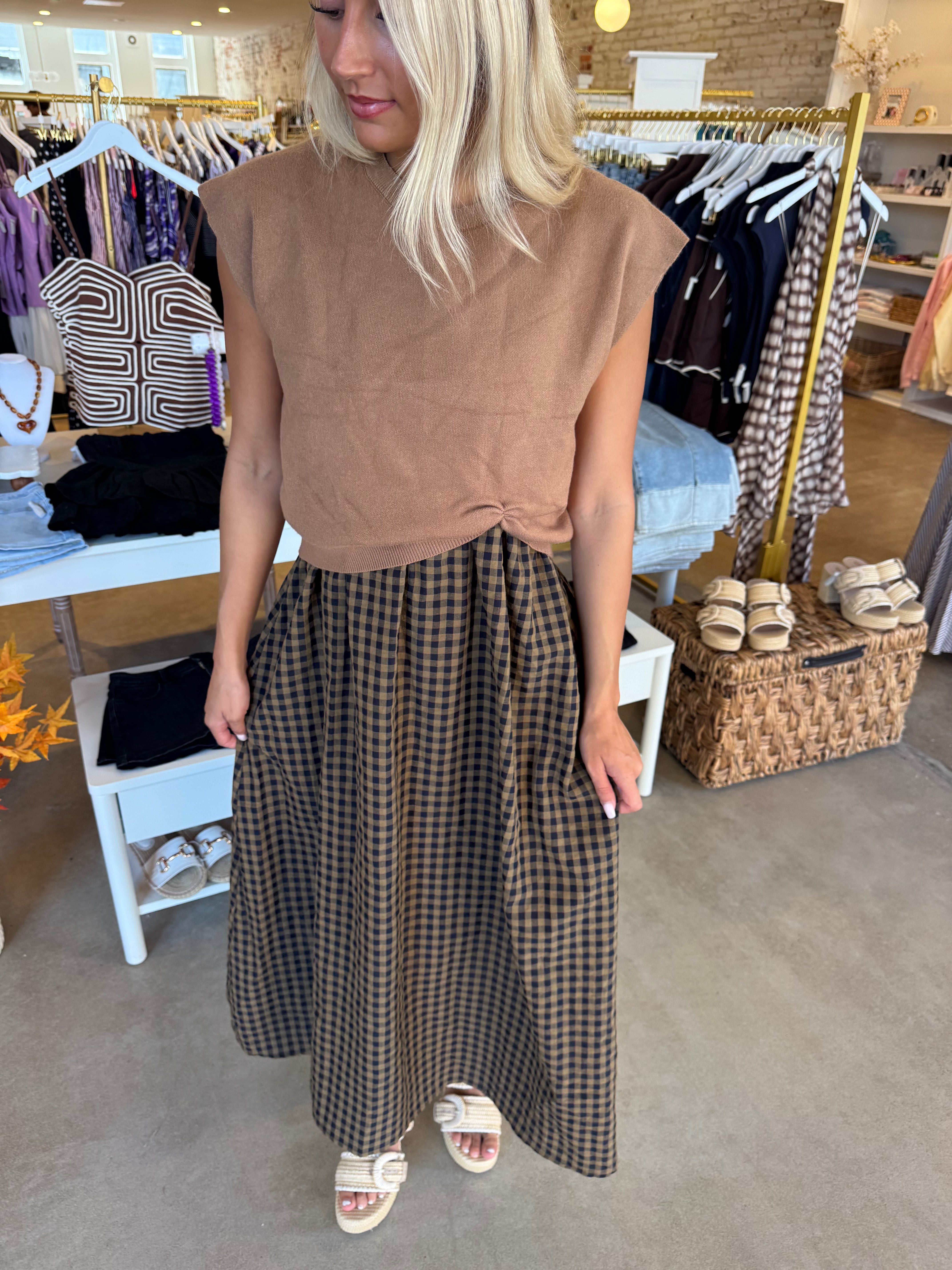 Leaves Are Turning Midi Dress - Tan Gingham