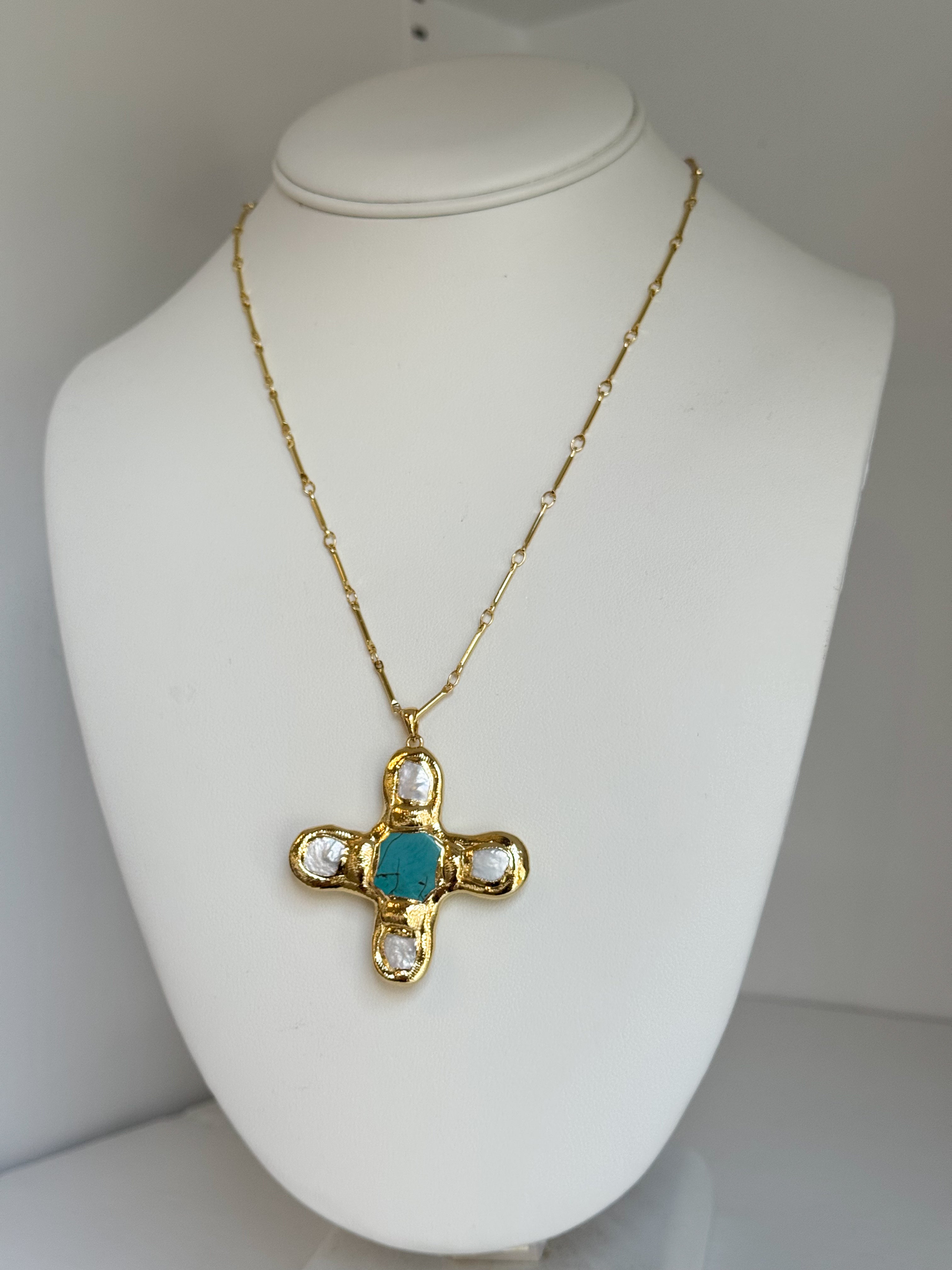Ray Baroque Pearl Cross Pendant - Turquoise/Cream - Water Resistant