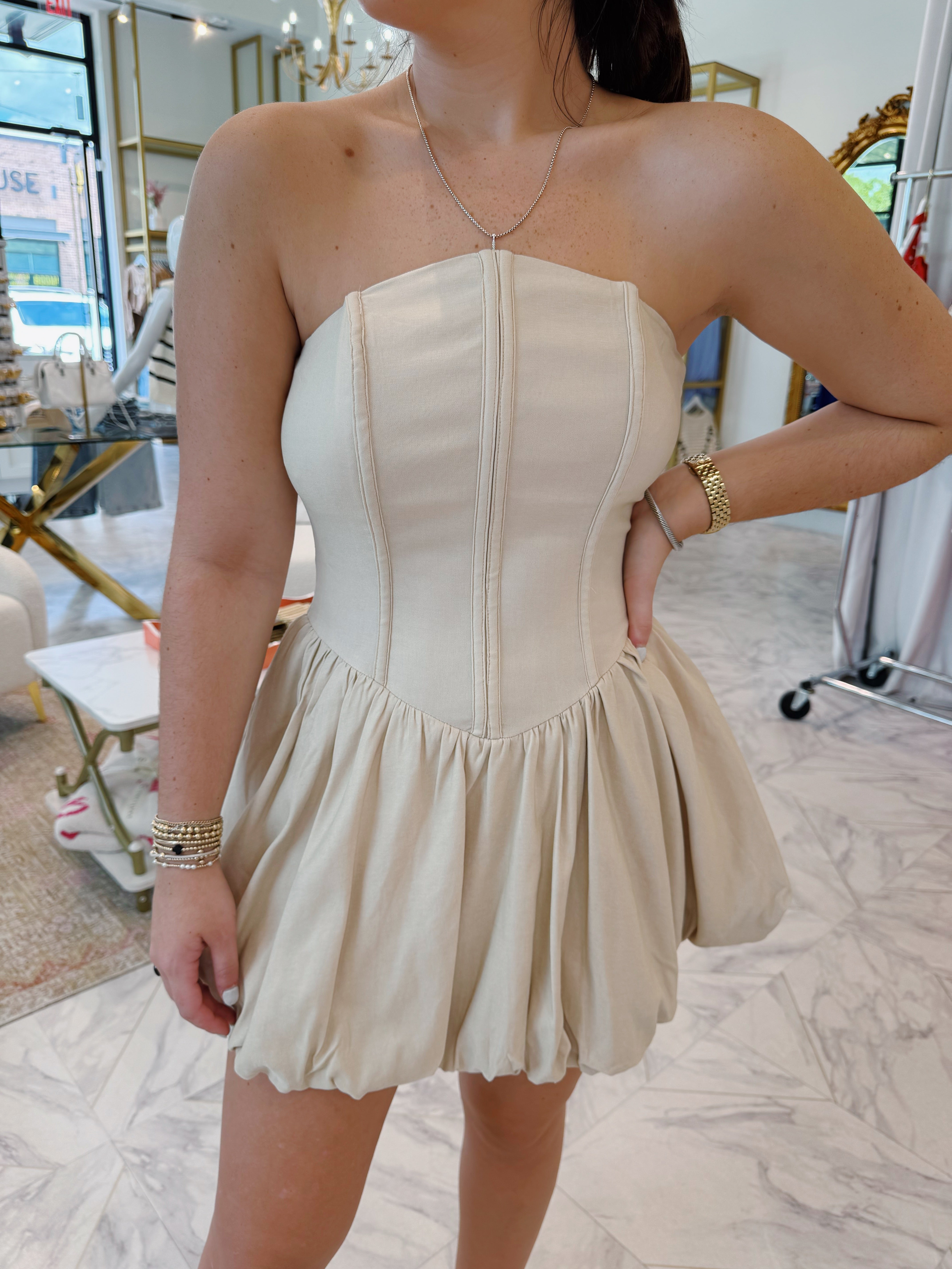 Sienna Bubble Mini Dress - Taupe