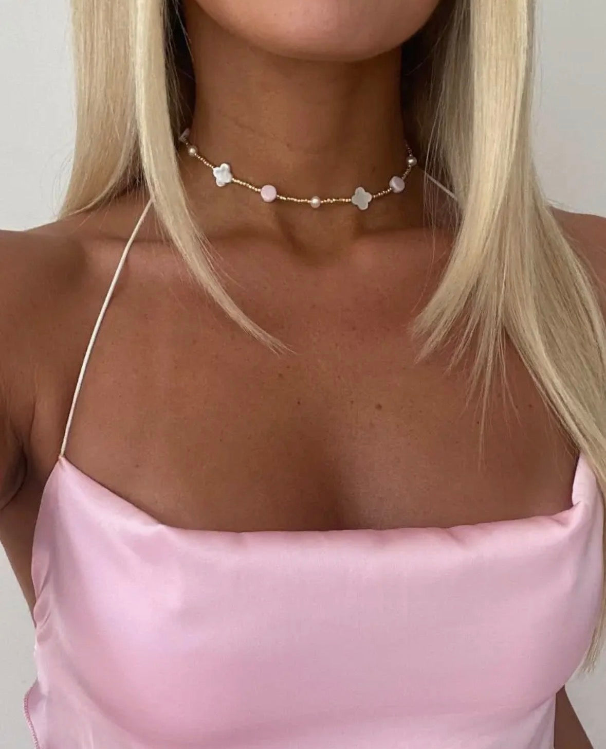 Clover, Pearl, and Pink Dot Choker