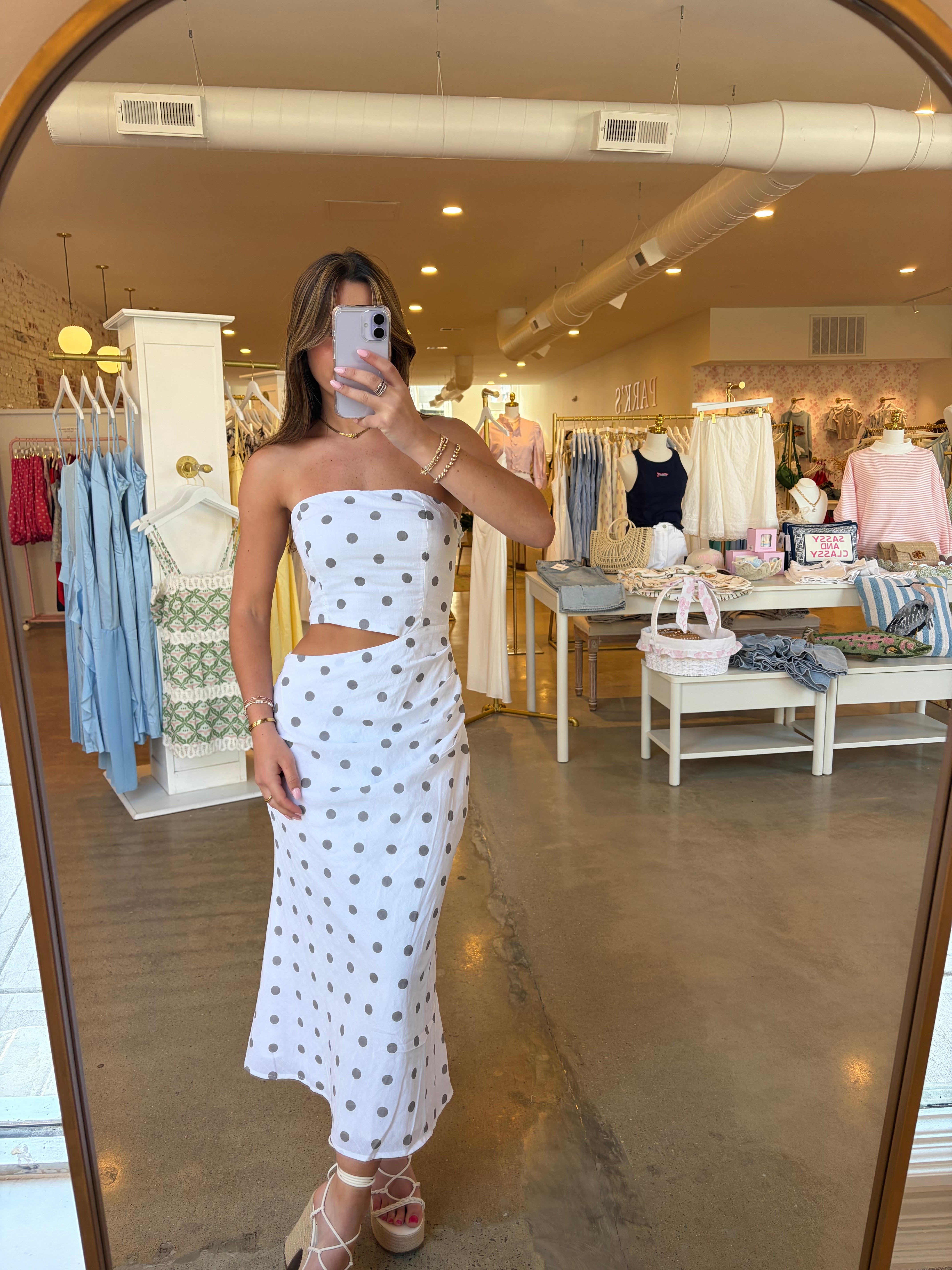 Marybeth Midi Cutout Dress - White Polka Dot