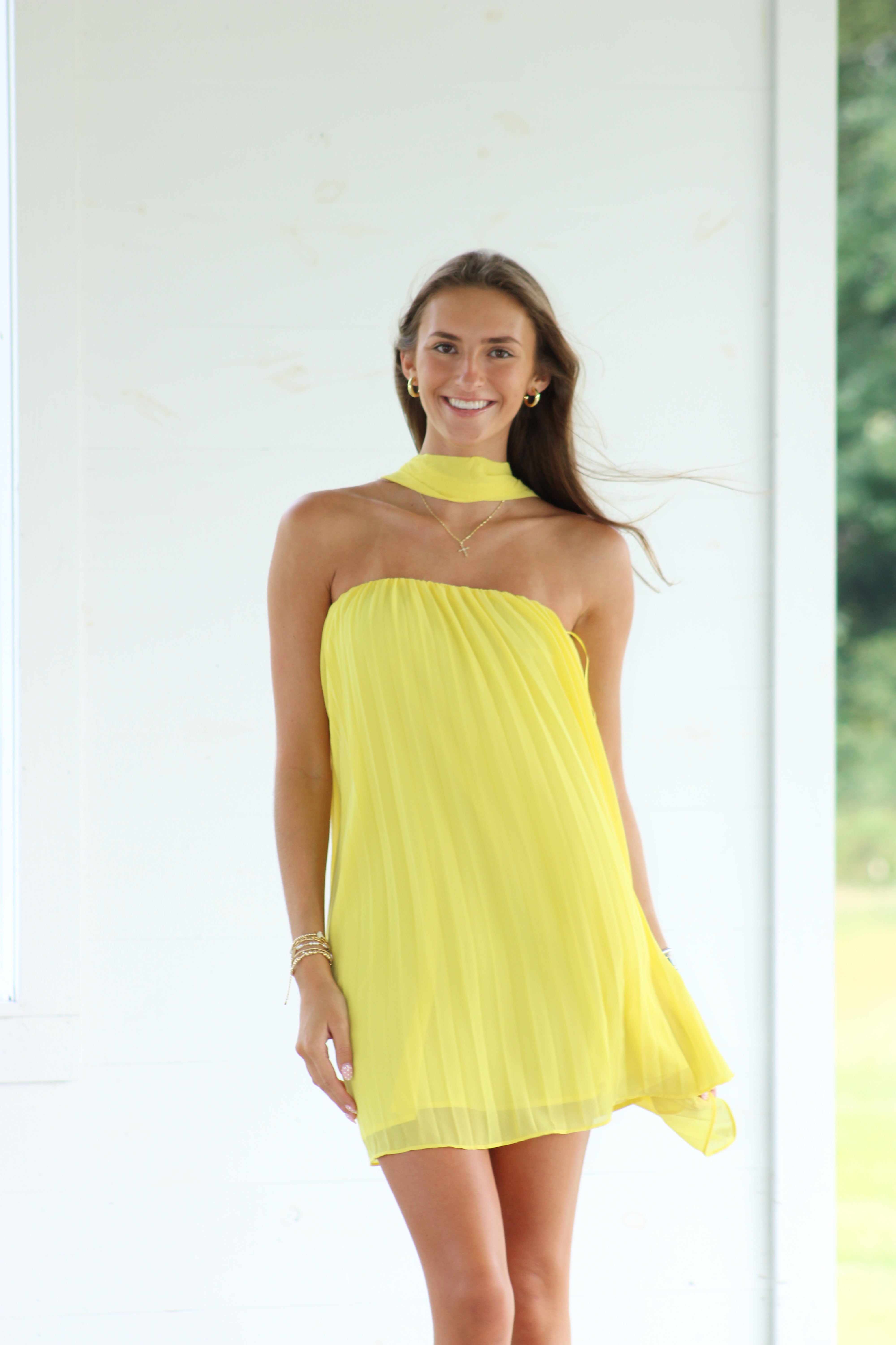 Pretty Little Thought Halter Neck Pleated Mini Dress - Yellow
