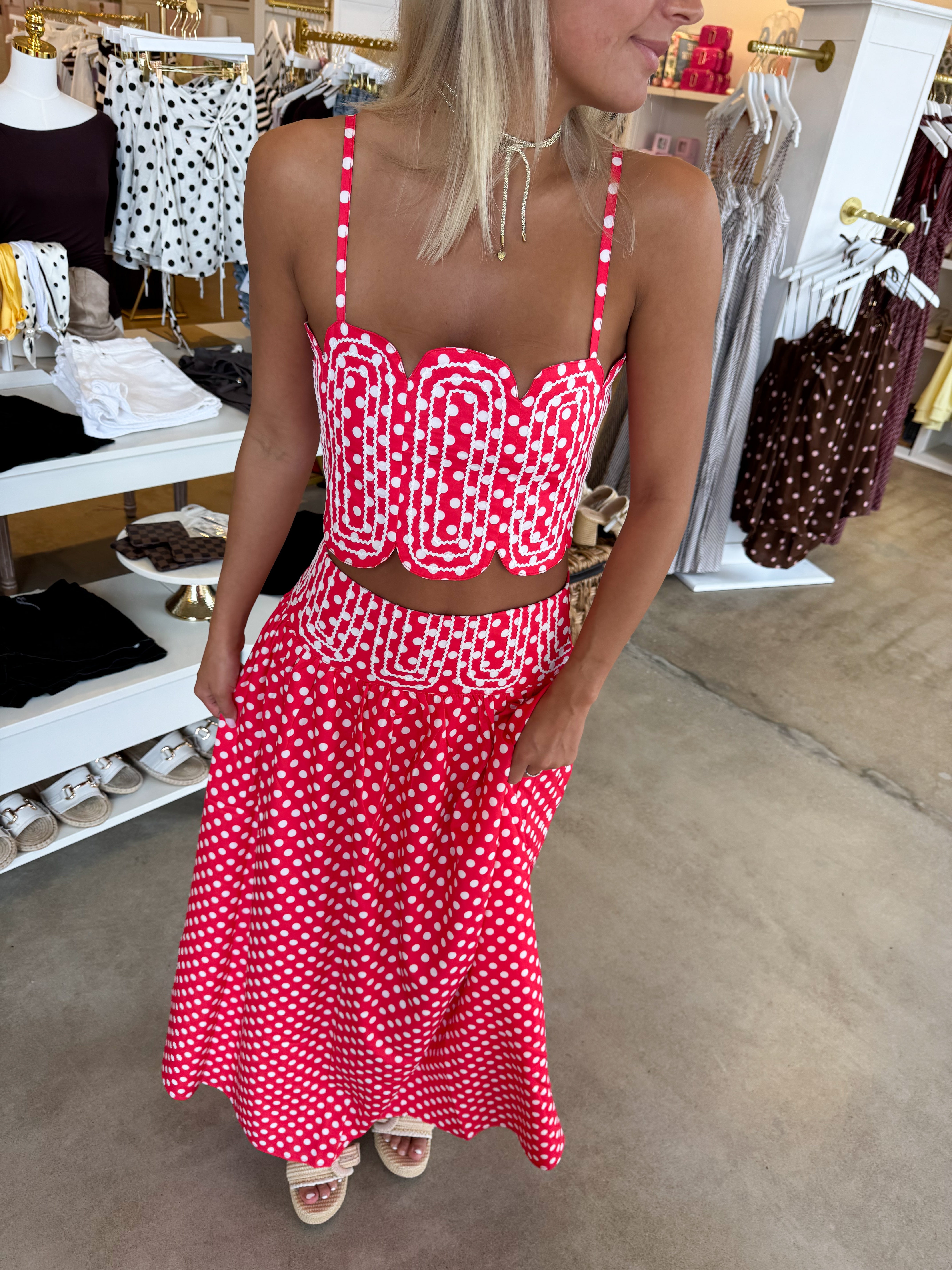 Southern Grace Embroidered Top & Midi Skirt Set - Red/WhitePolka Dot