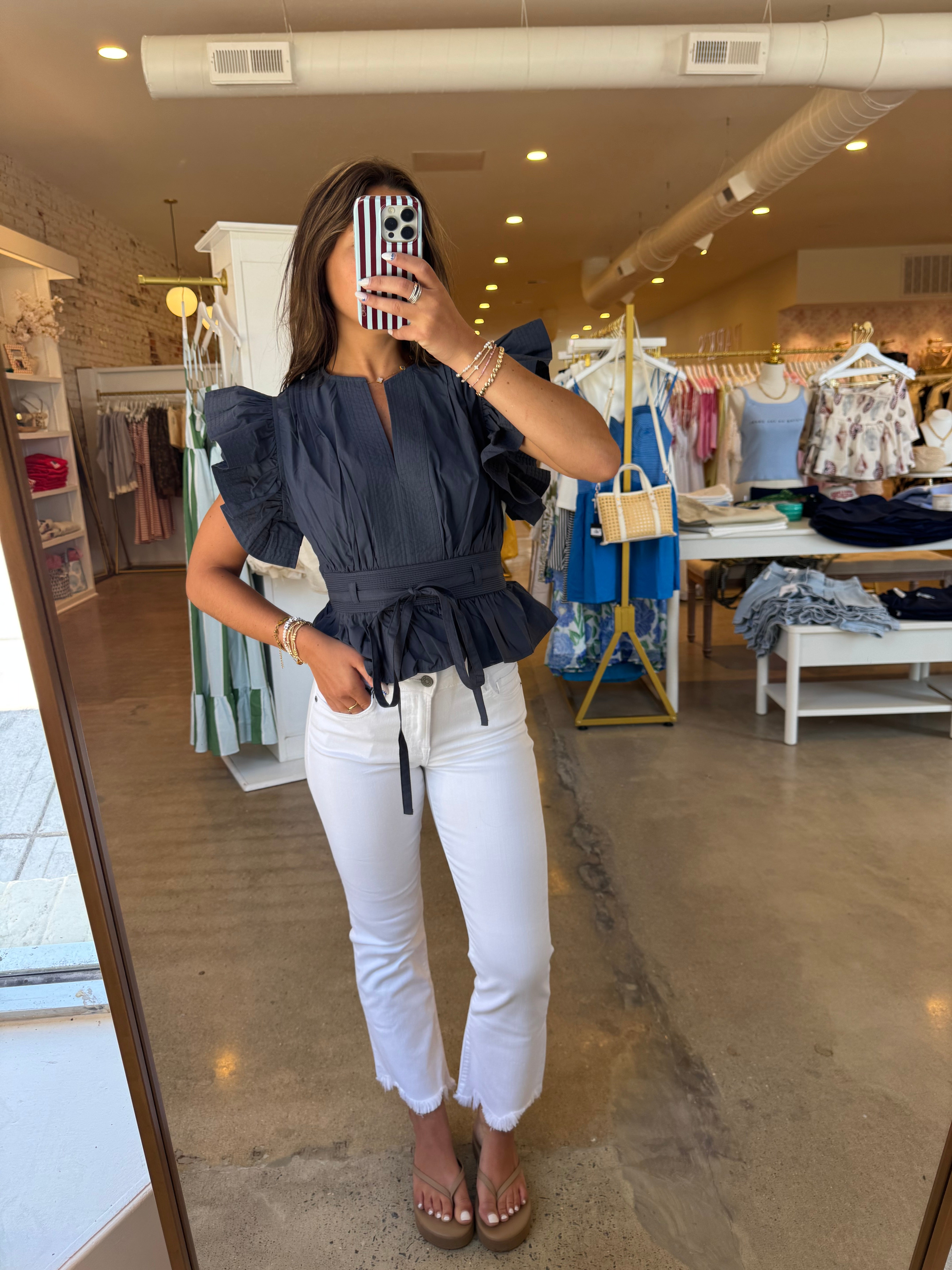 Tate Ruffle Poplin Top - Navy