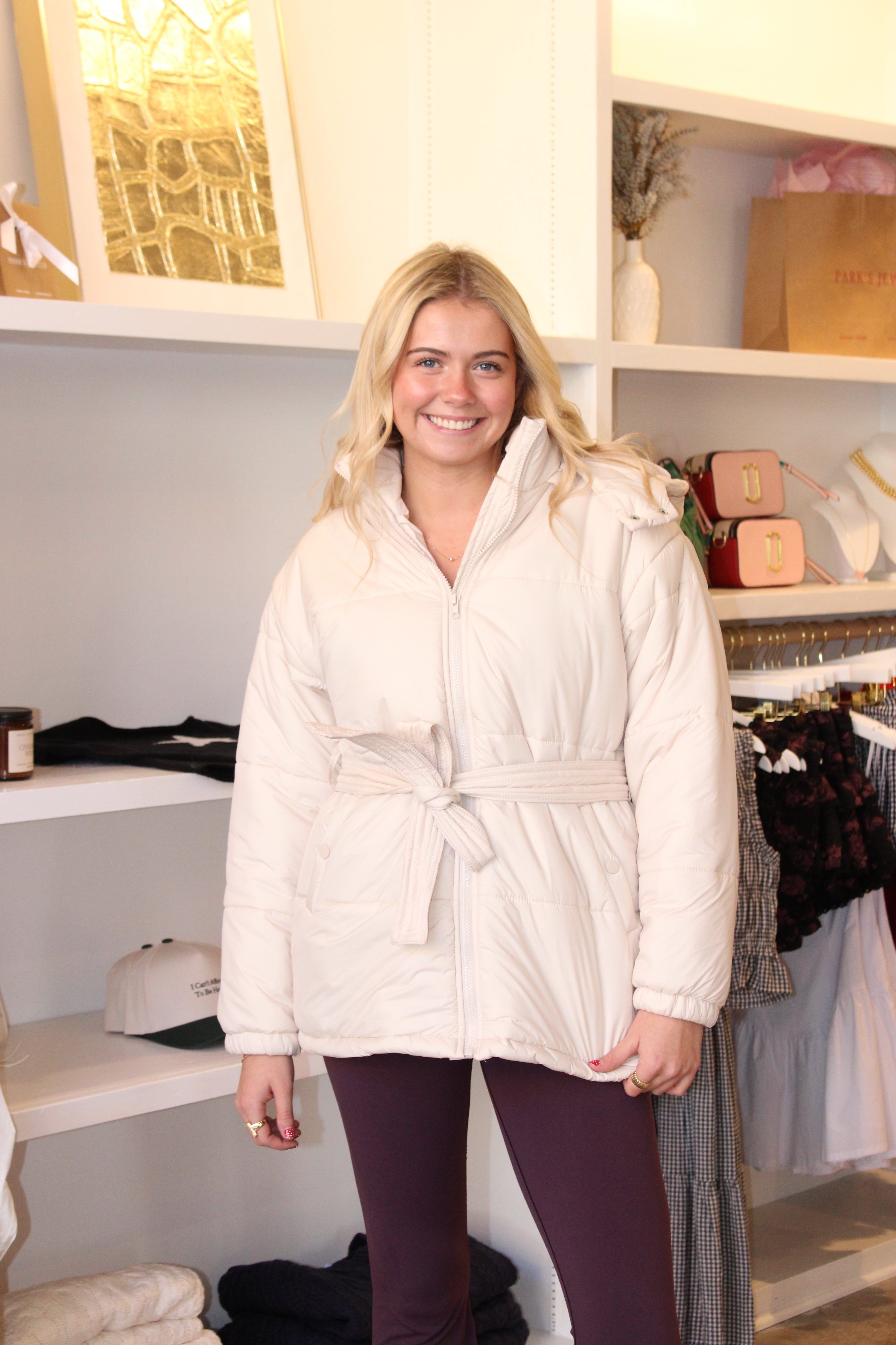 Pippa Mid Length Puffer Jacket with Removable Hood - Cream