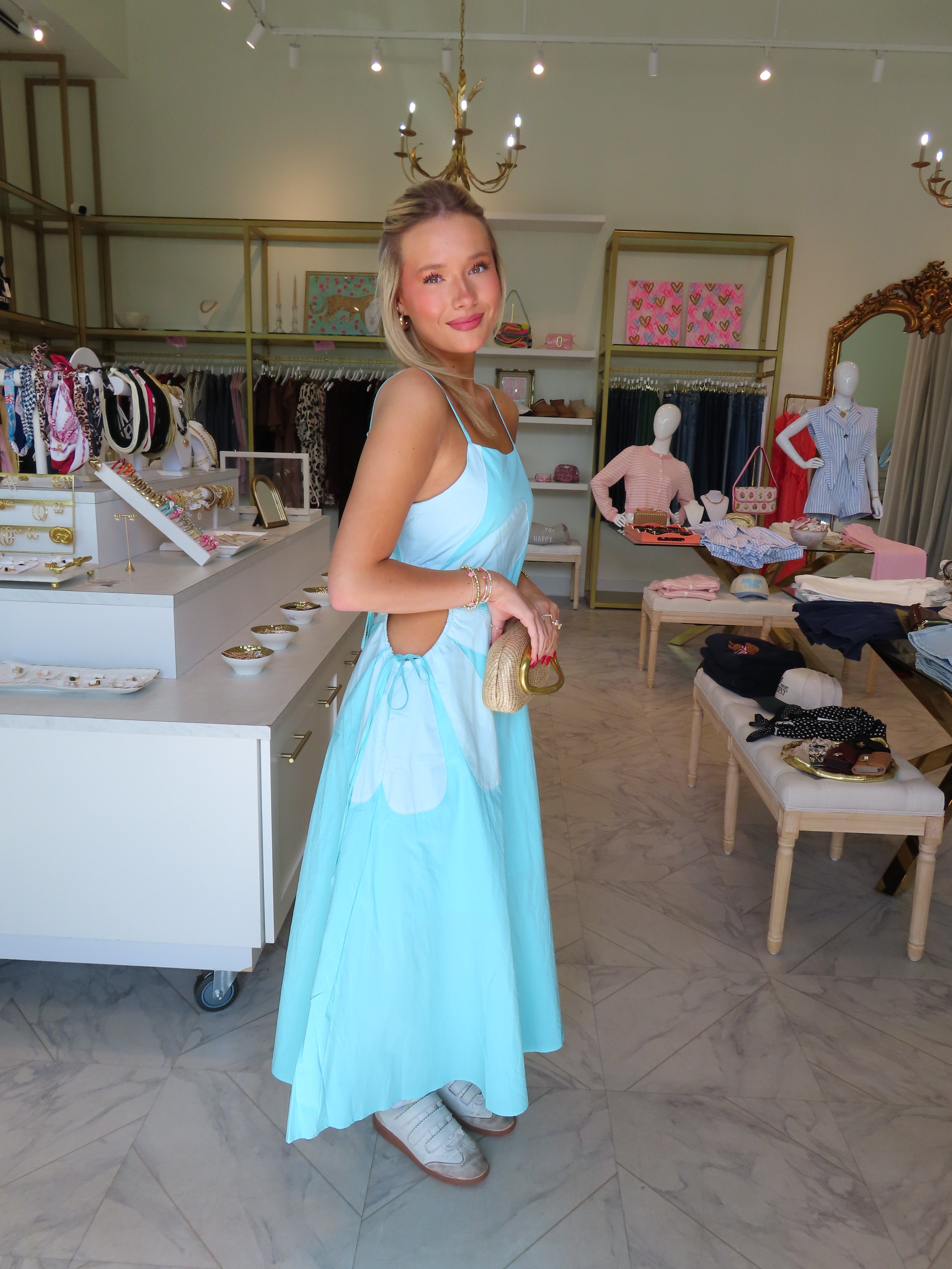 Kaitlyn Side Cut-Out Flower Detail Midi Dress - Aqua Blue