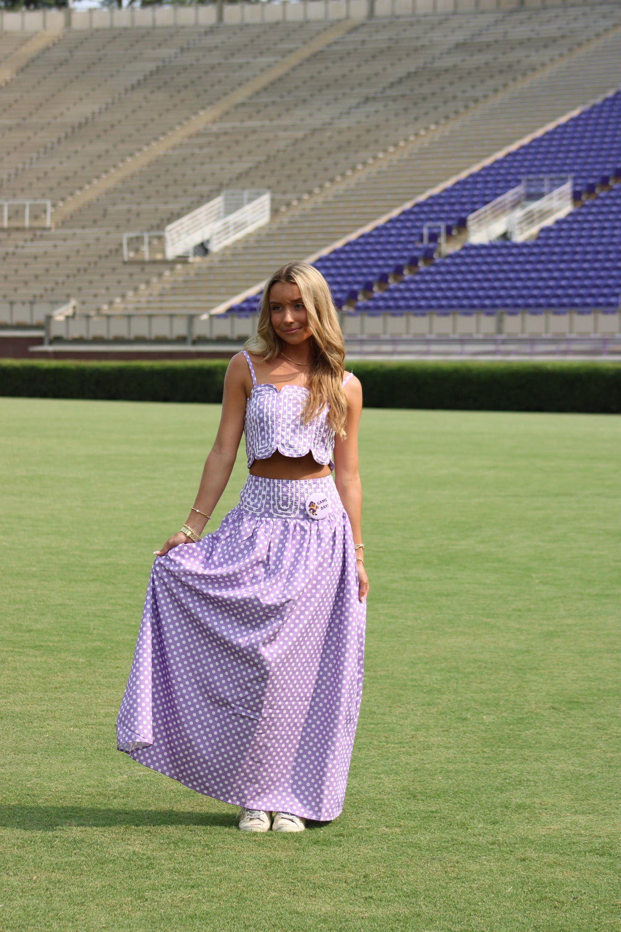 Southern Grace Embroidered Top & Midi Skirt Set - Lavender/WhitePolka Dot