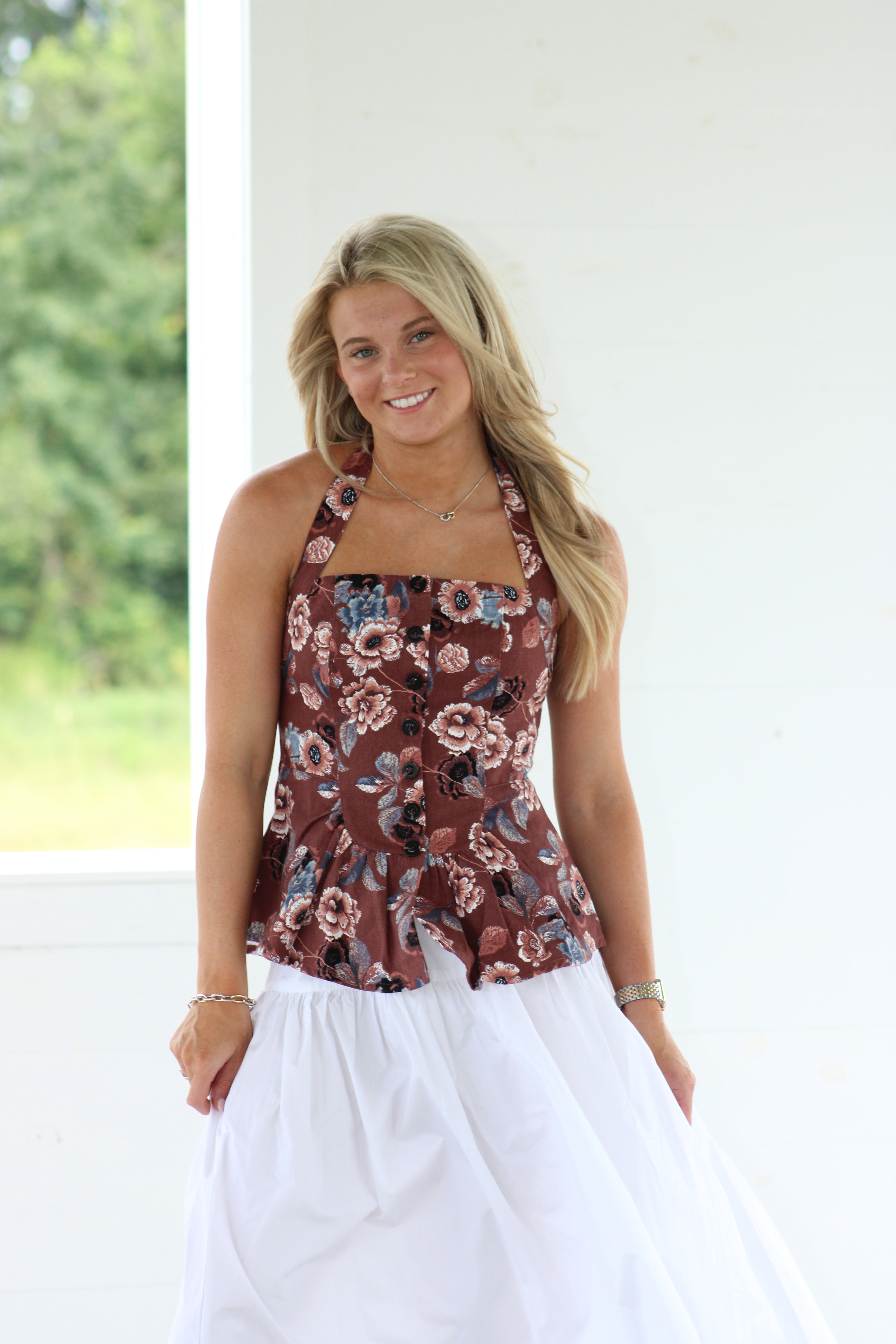 Evening For Us Halter Denim Top - Brown Floral