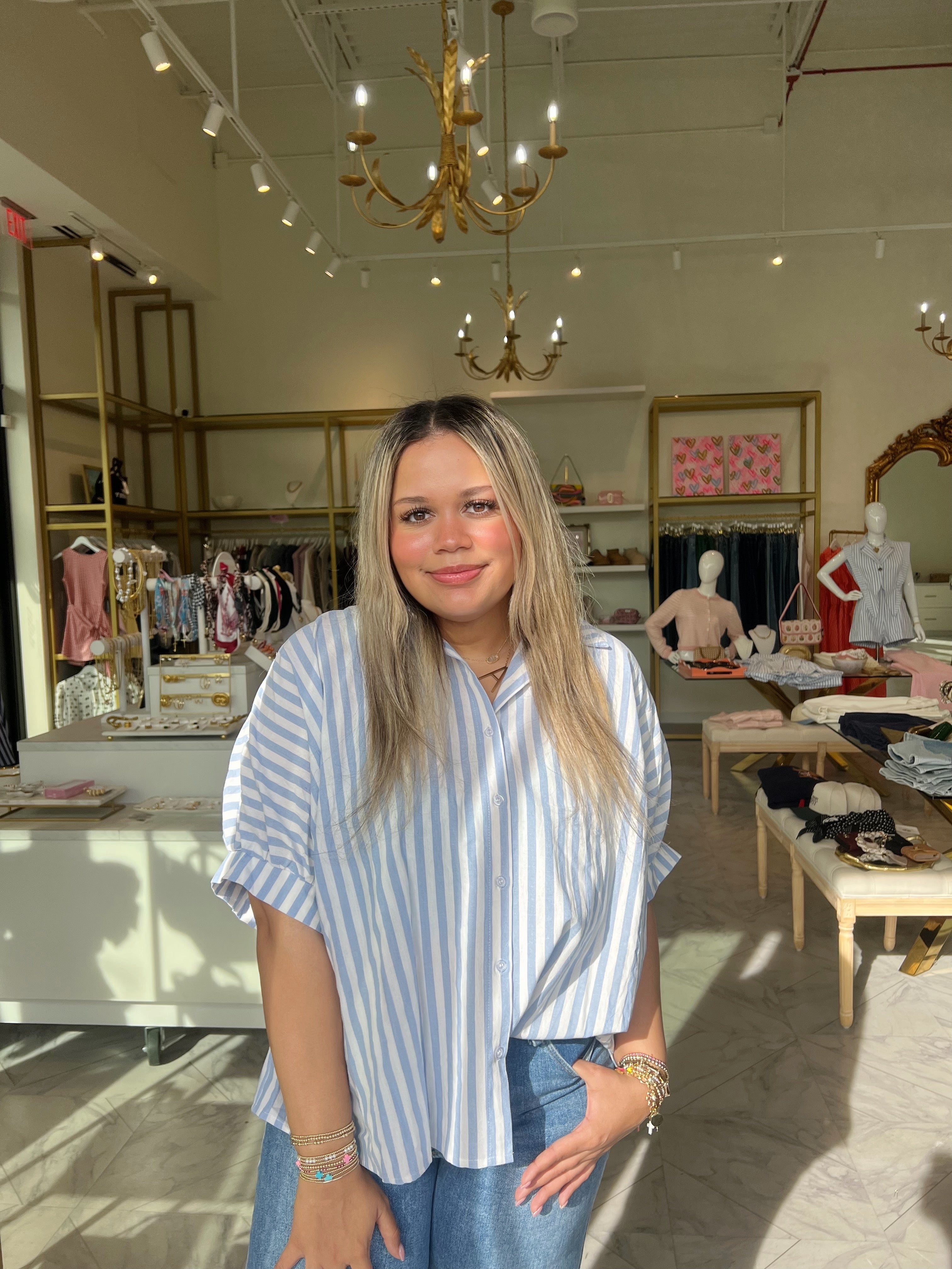 Maya Oversized Button Down Top - Blue & White