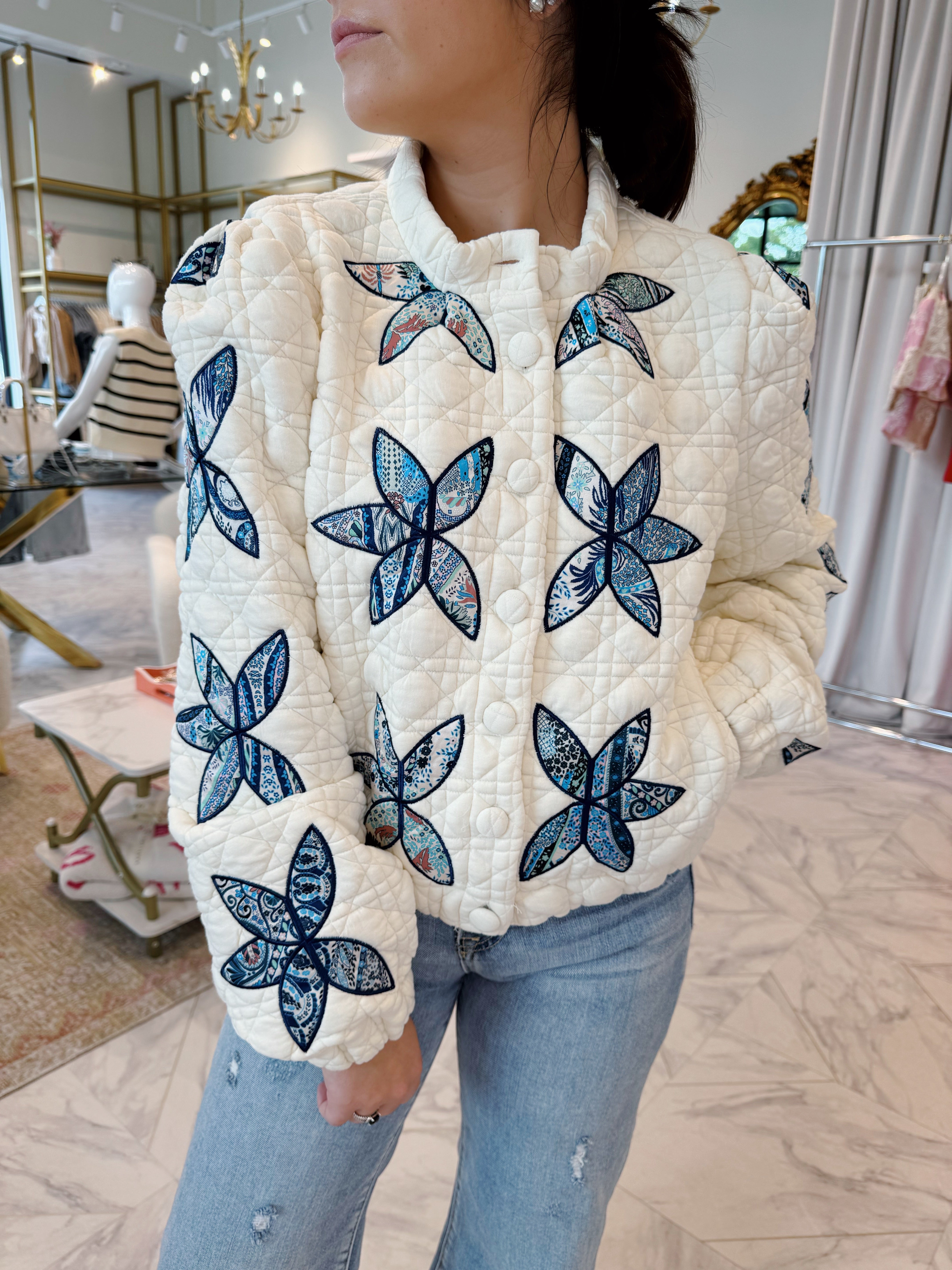 Frankie Quilted Jacket - Cream & Blue