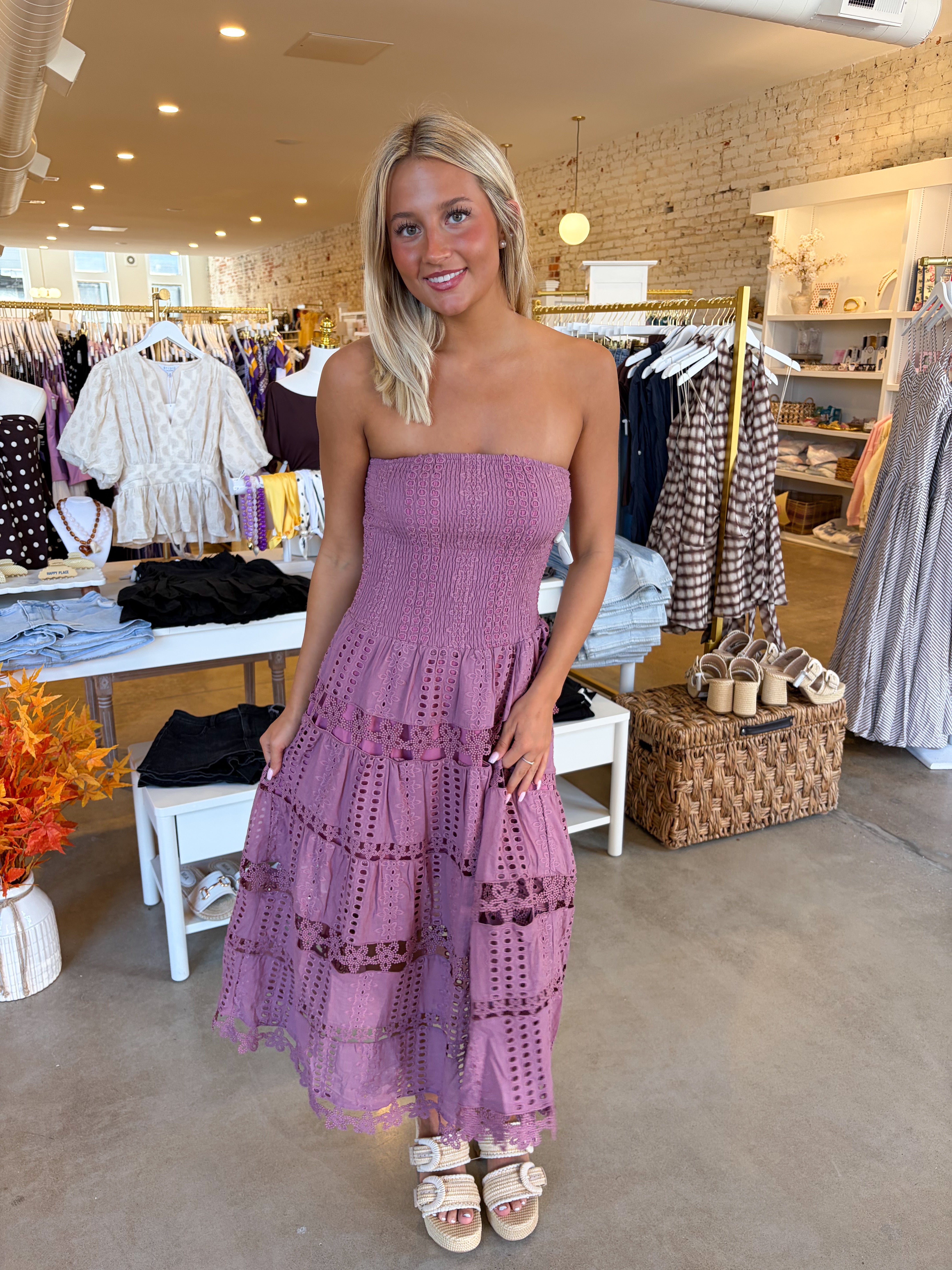 Amy Eyelet Midi Dress - Purple