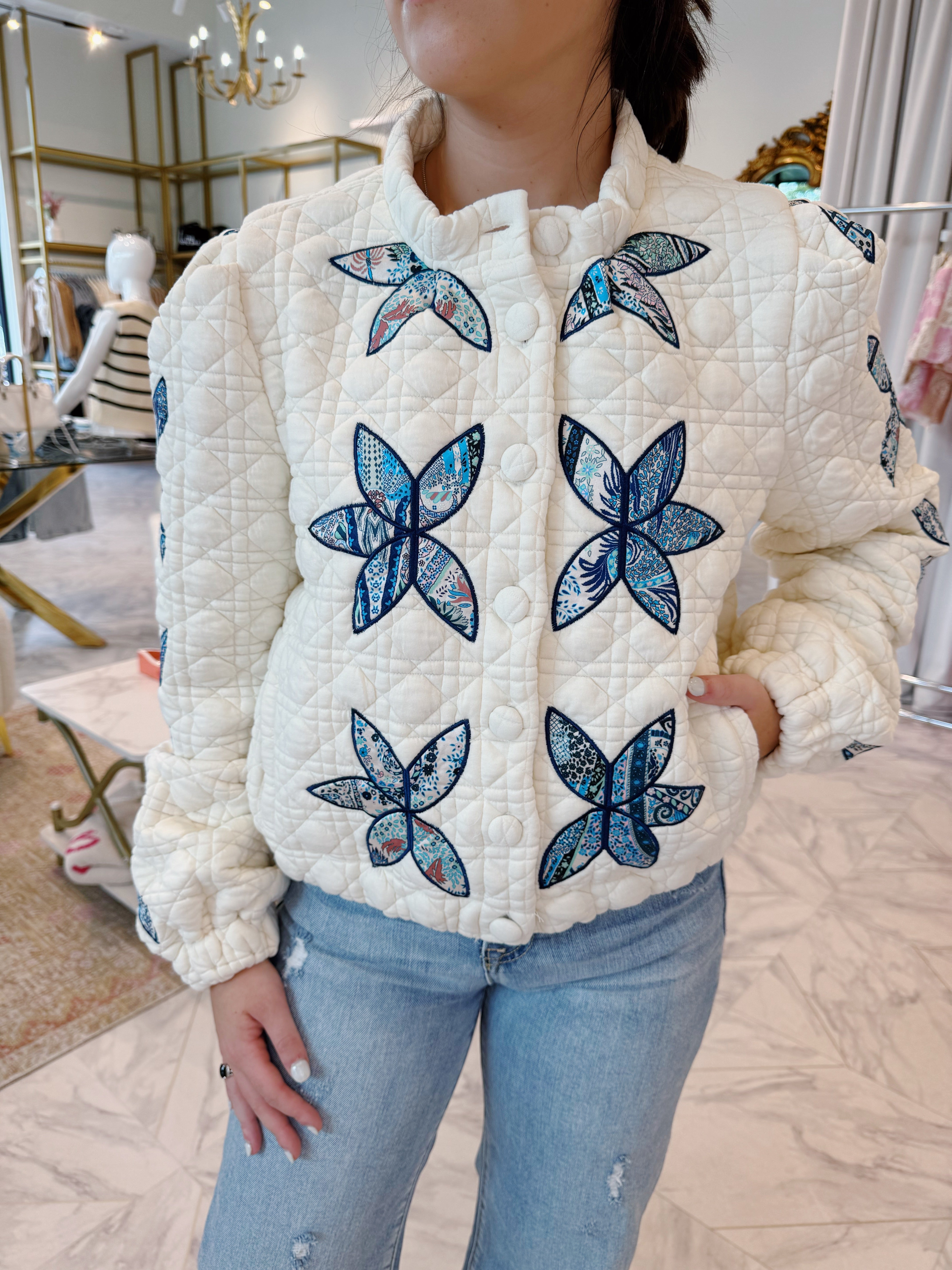 Frankie Quilted Jacket - Cream & Blue