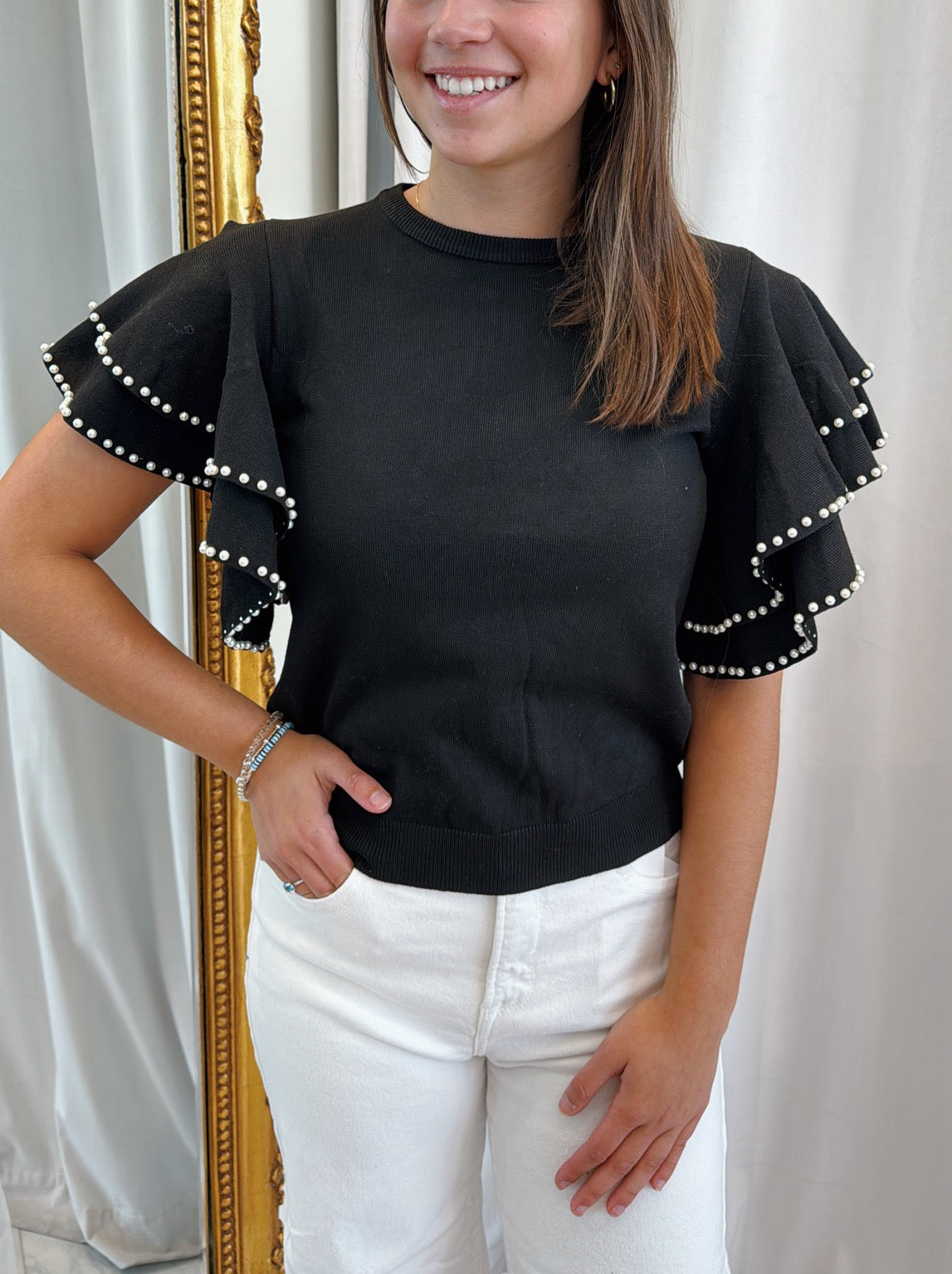 Something Like That Ruffled Pearl Top - Black