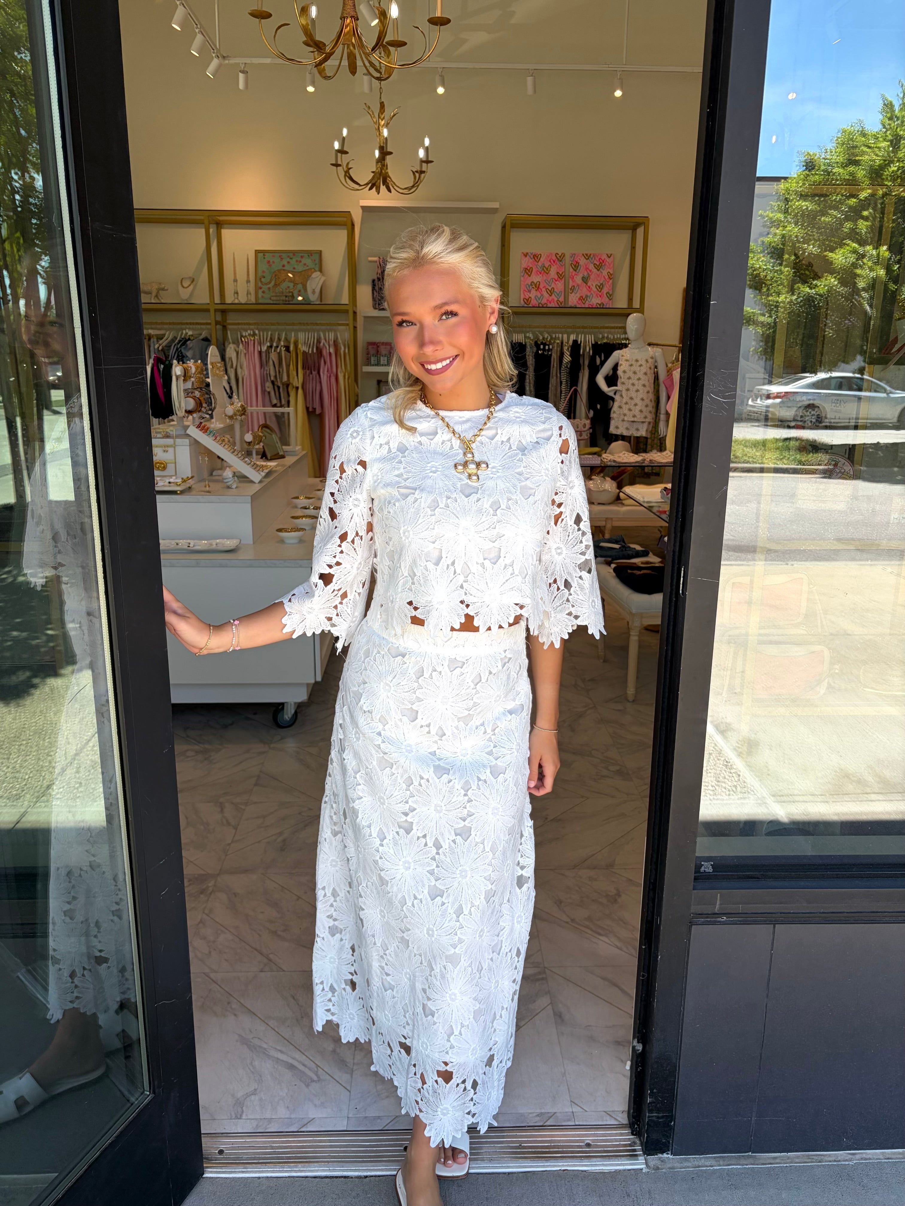 First Class Floral Top & Midi Skirt Set - White