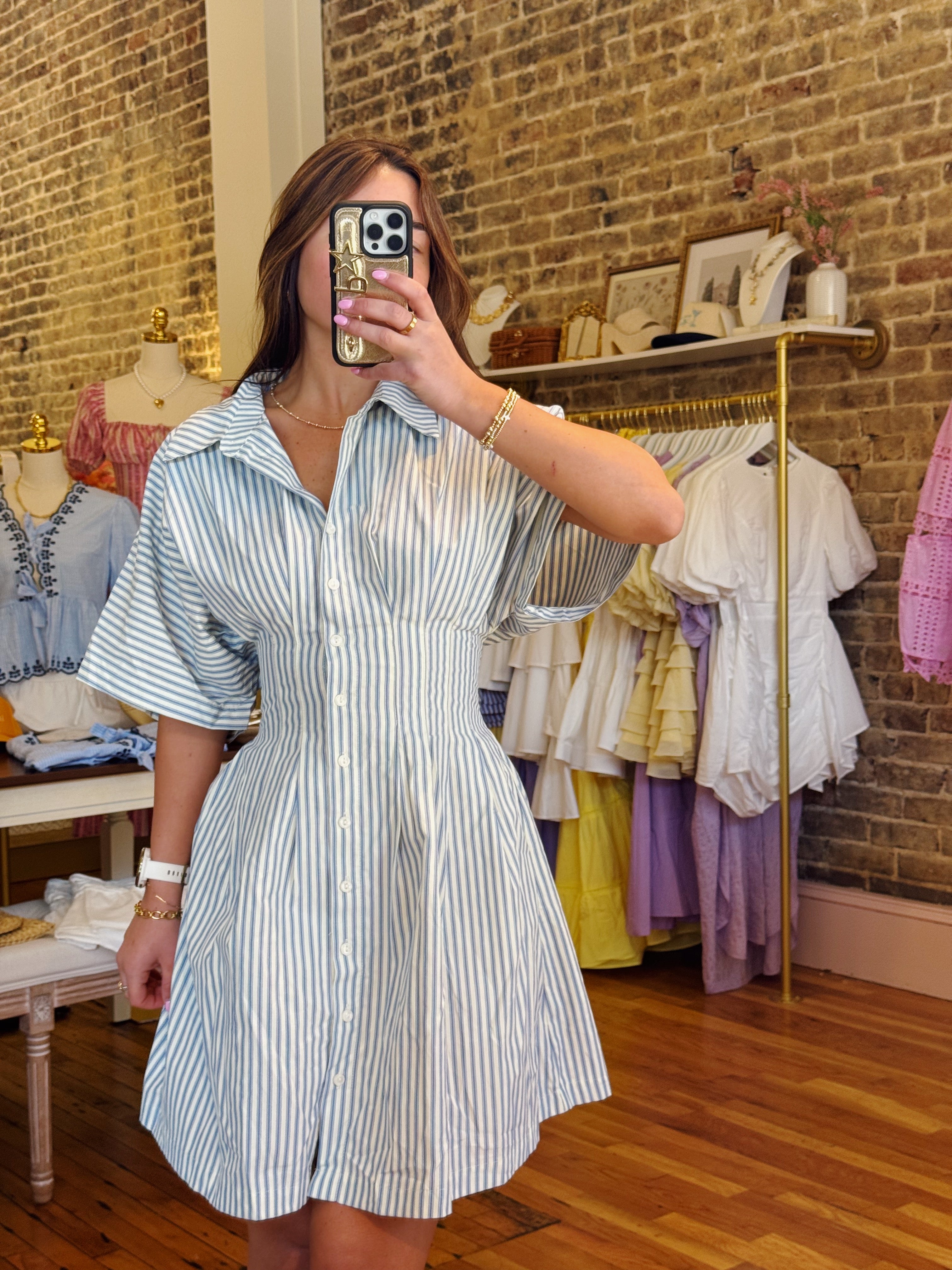 Clara Button Down Mini Dress - Blue Striped