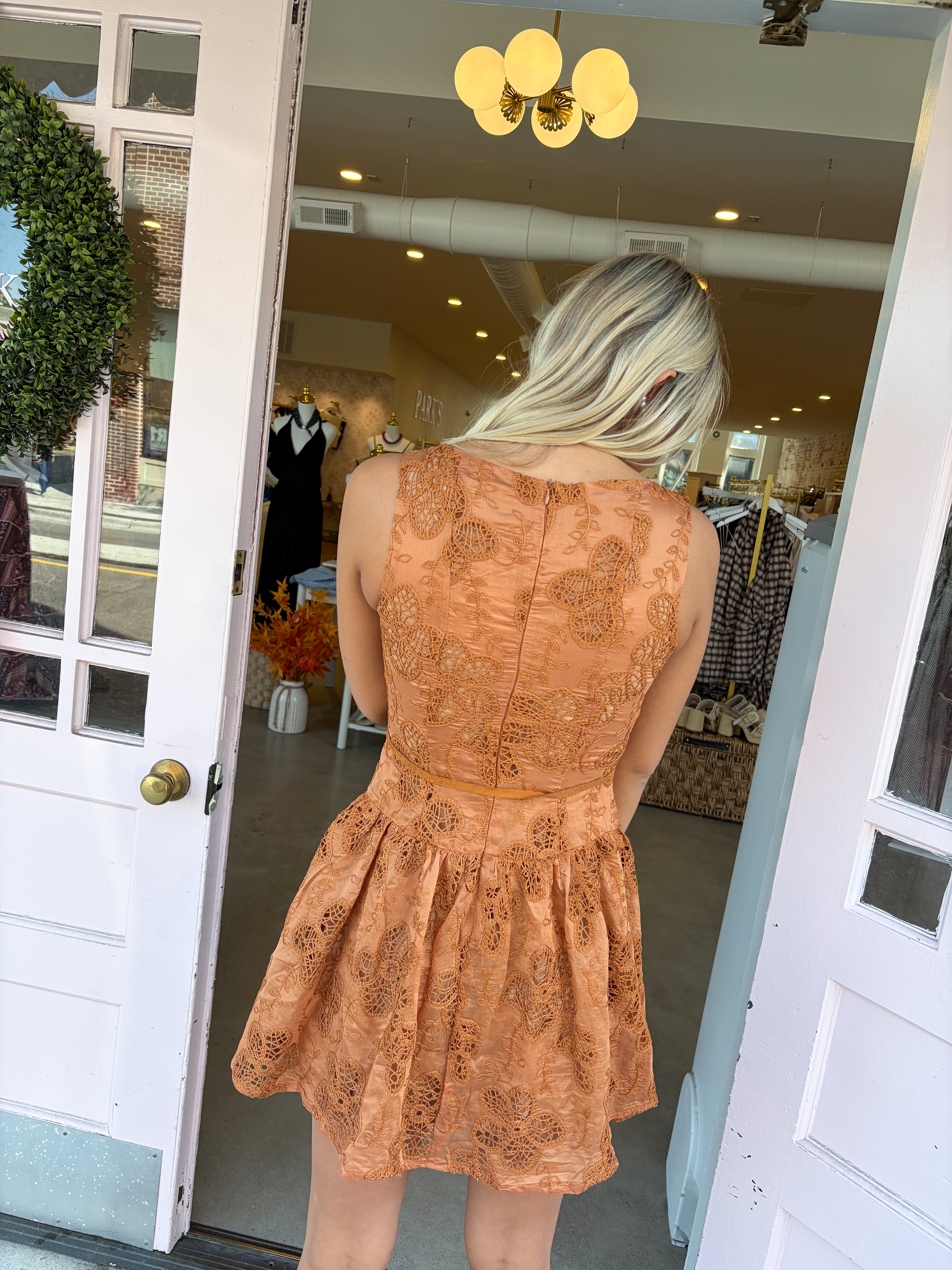 Keely Crochet Embroidered Mini Dress - Autumn Orange