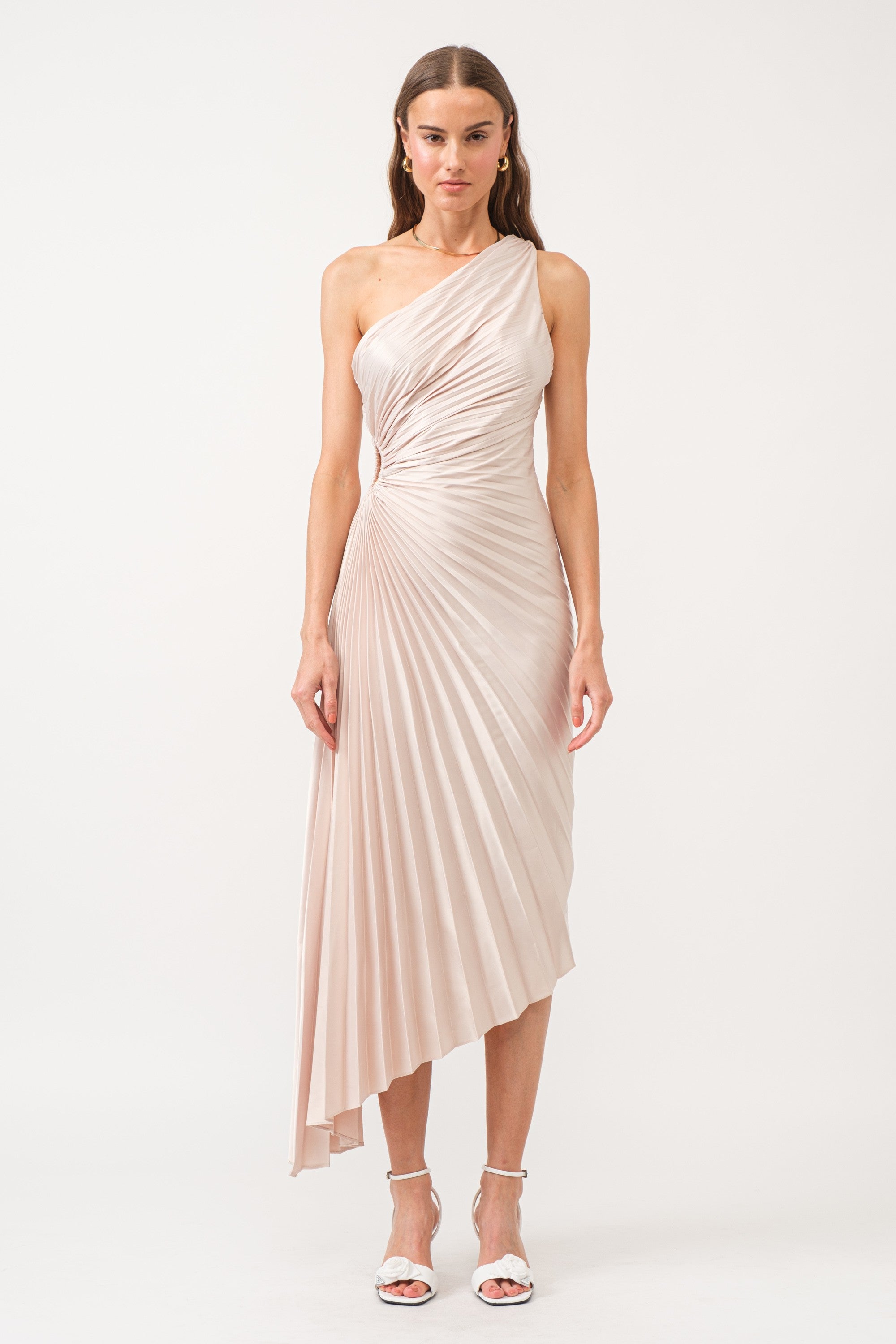 Mykonos Asymmetrical Pleated Satin Dress - Cream