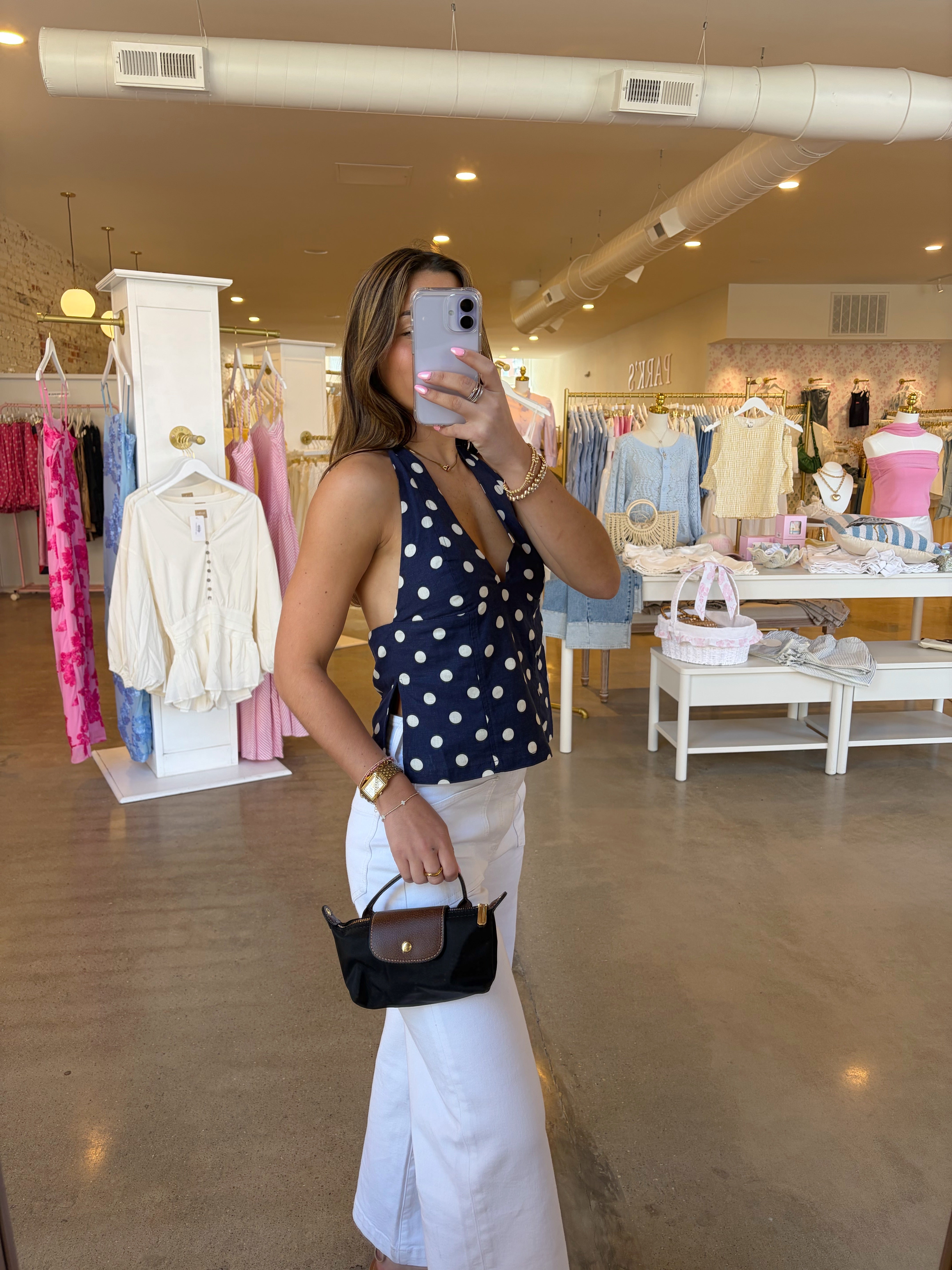 Kayden Linen Top - Navy Polka Dot