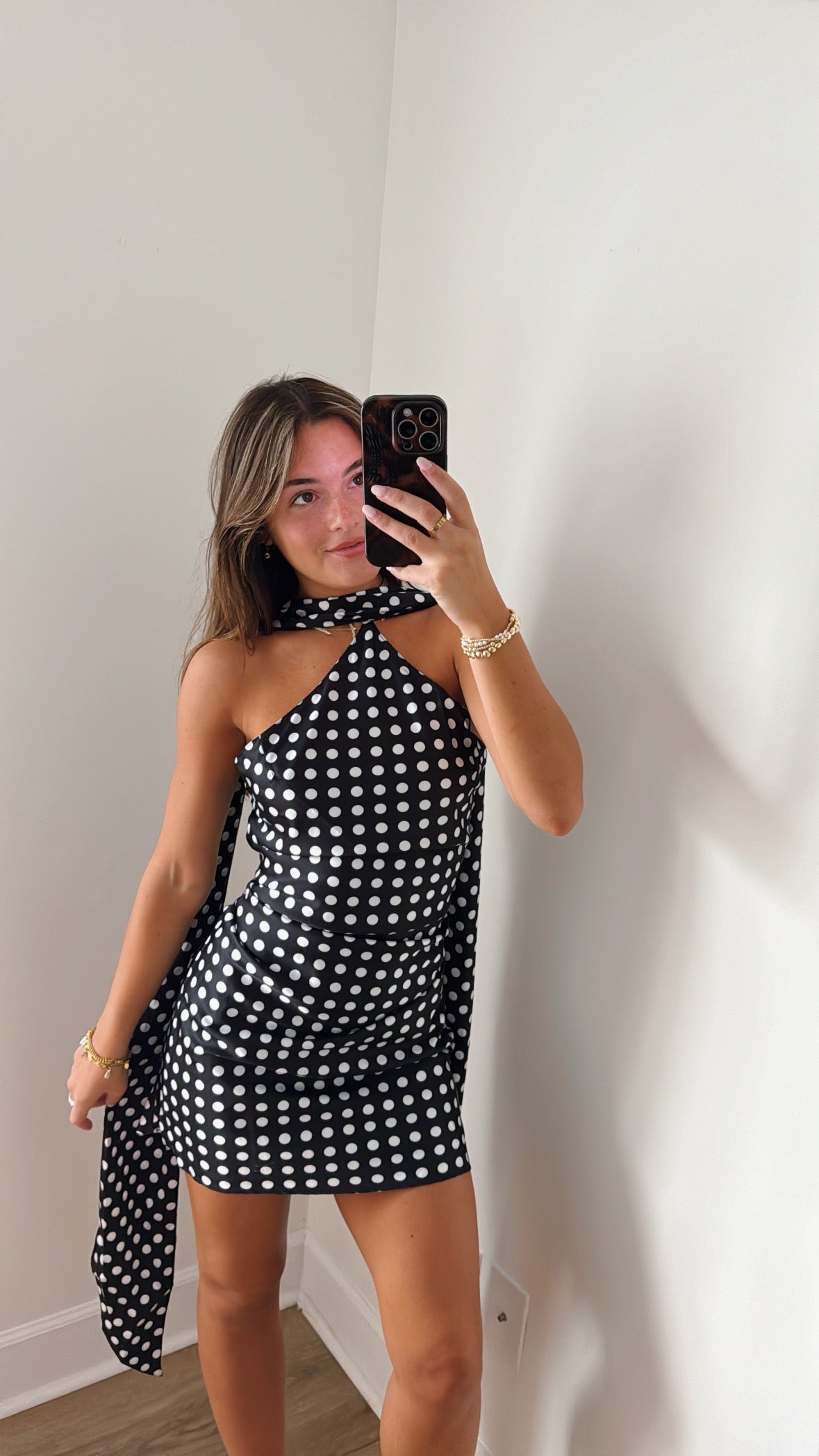 Crush Hour Satin Mini Dress with Scarf - Black Polka Dot