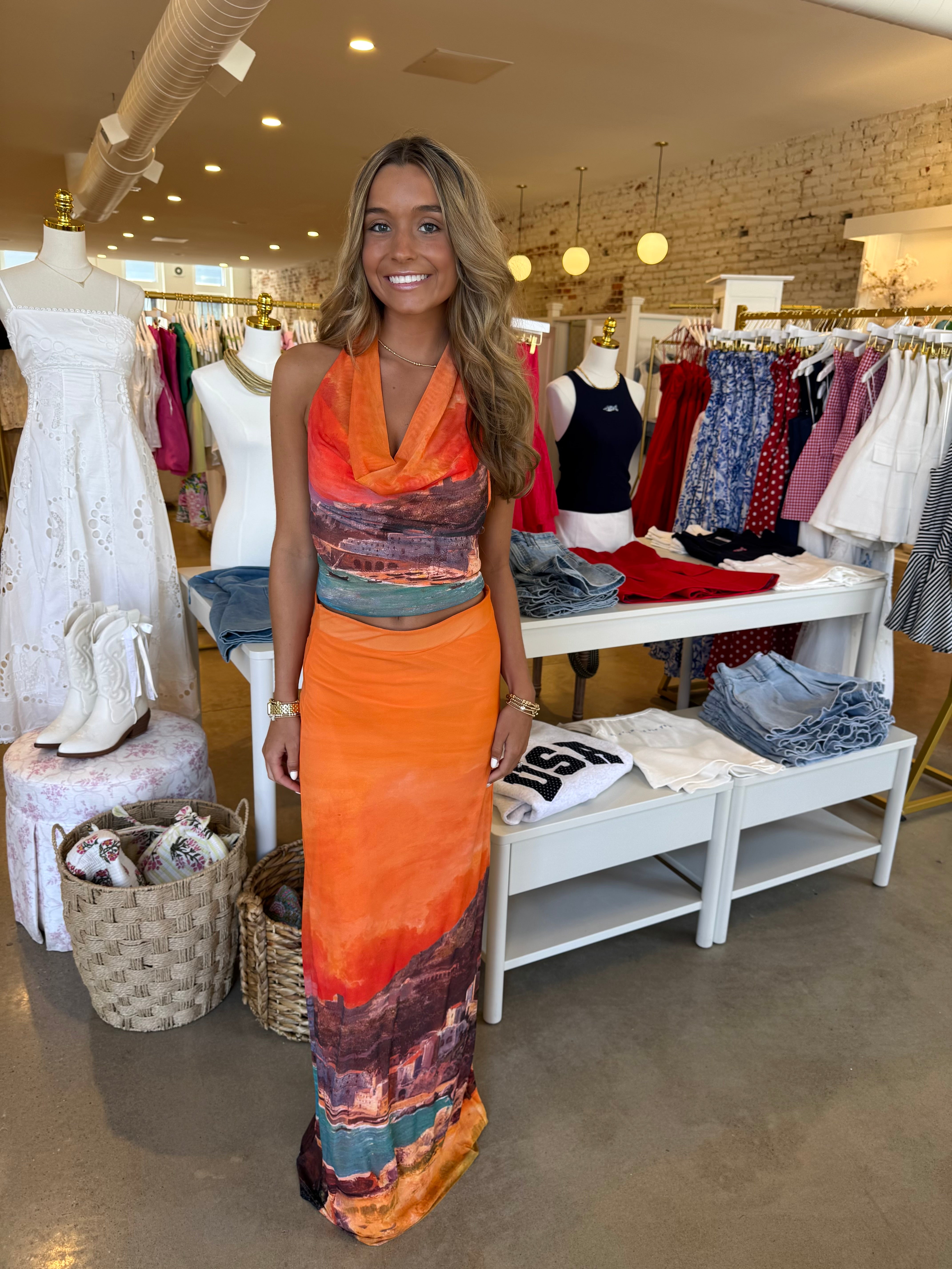 Soren Halter Top & Maxi Skirt Set - Orange Multi