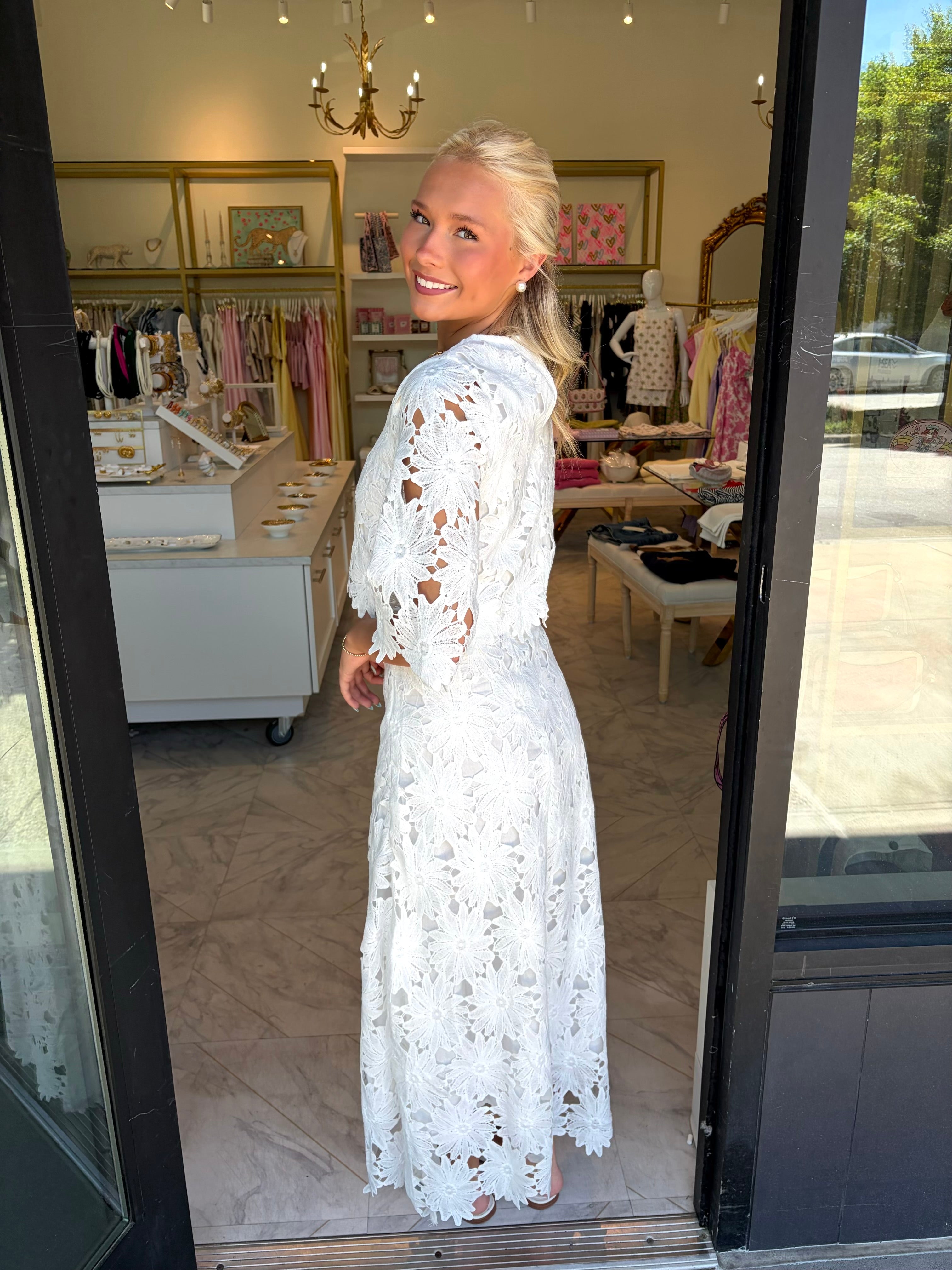First Class Floral Top & Midi Skirt Set - White