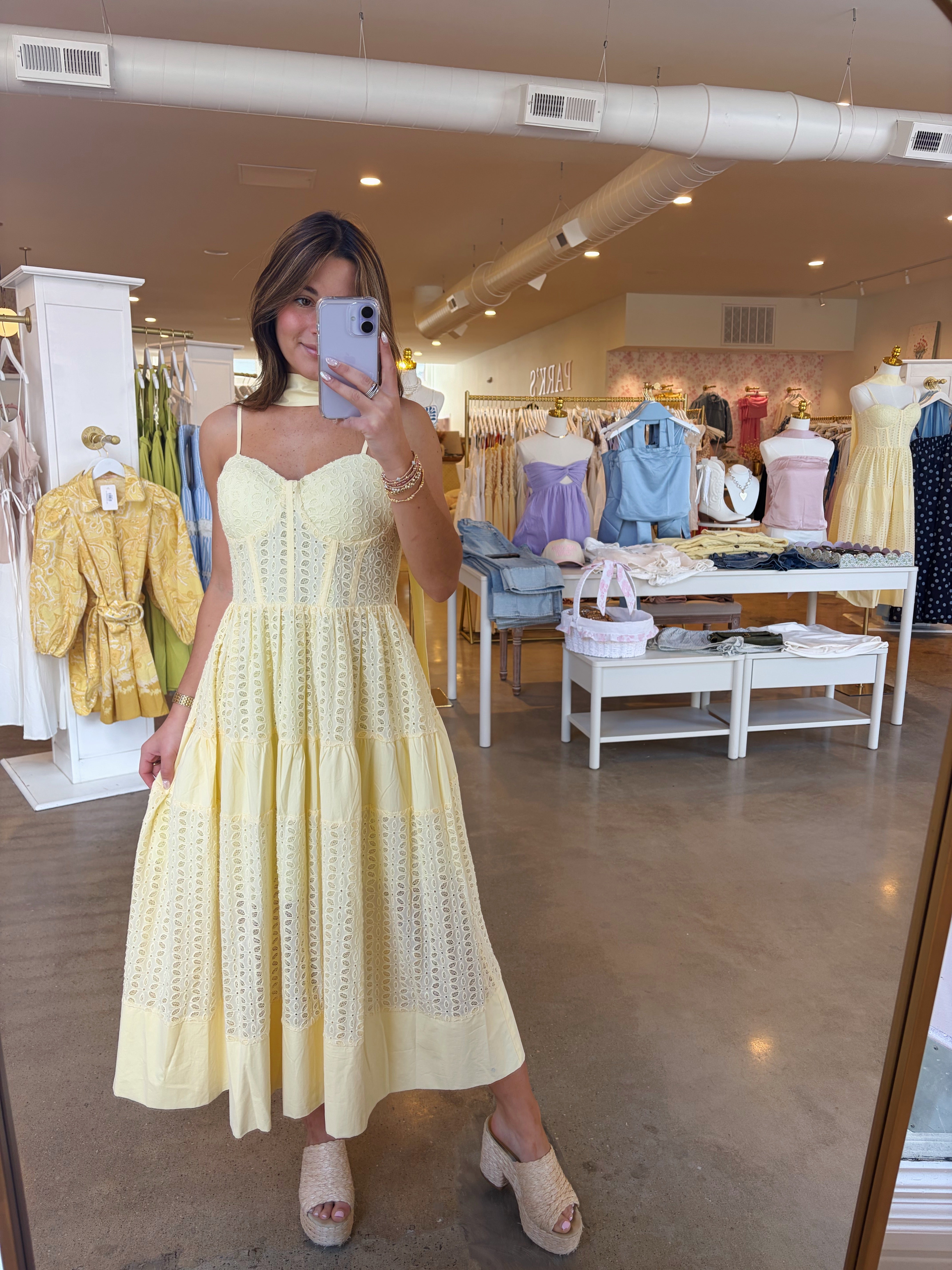 Harlow Eyelet Midi Dress - Yellow