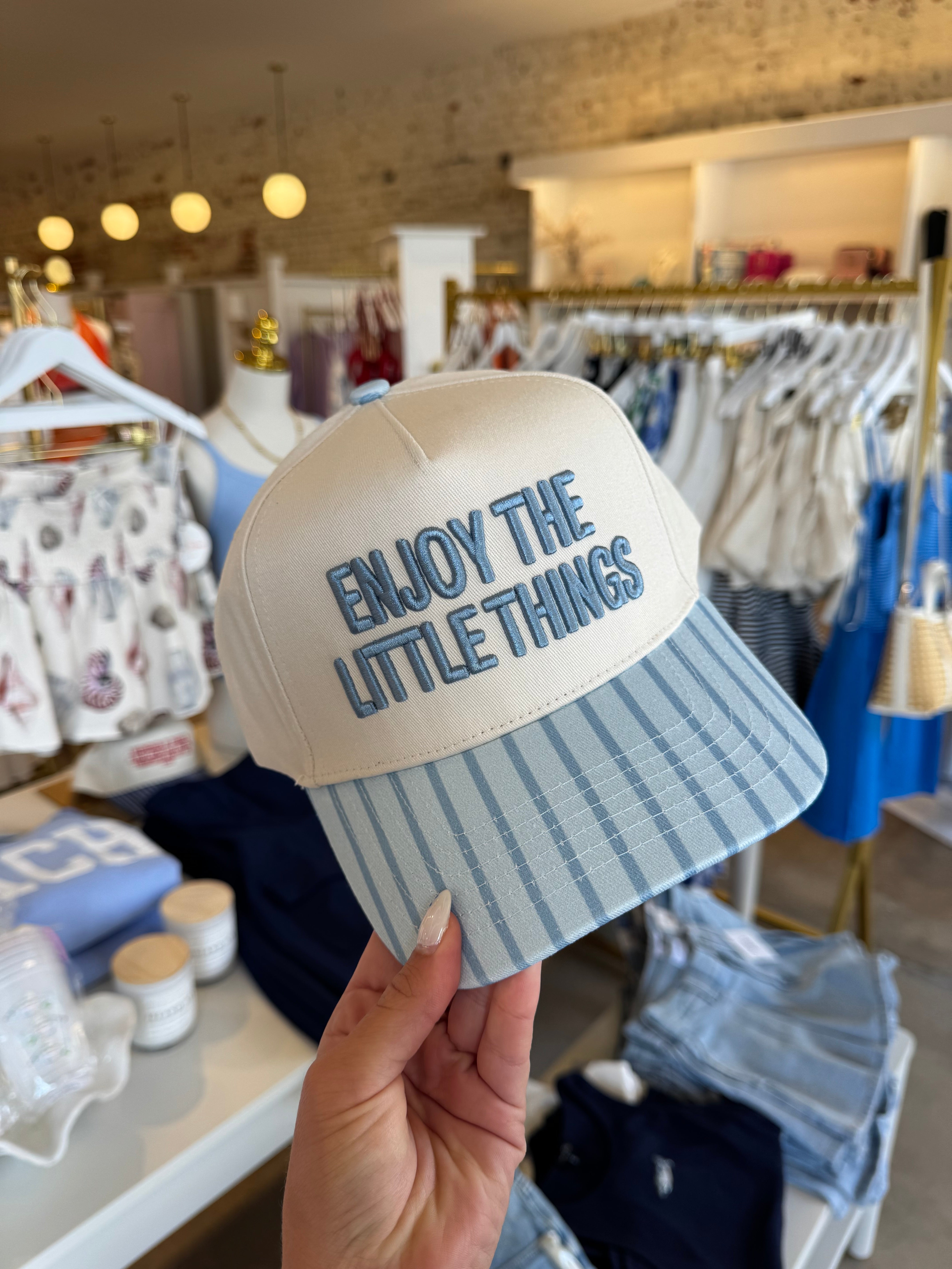Enjoy The Little Things Embroidered Trucker Hat - Blue Stripe