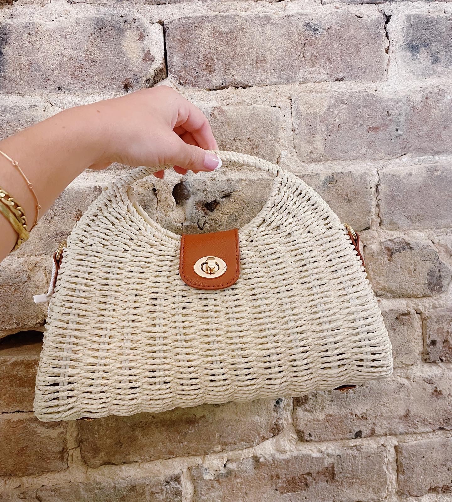 Arch Top Woven Straw Bag - Beige
