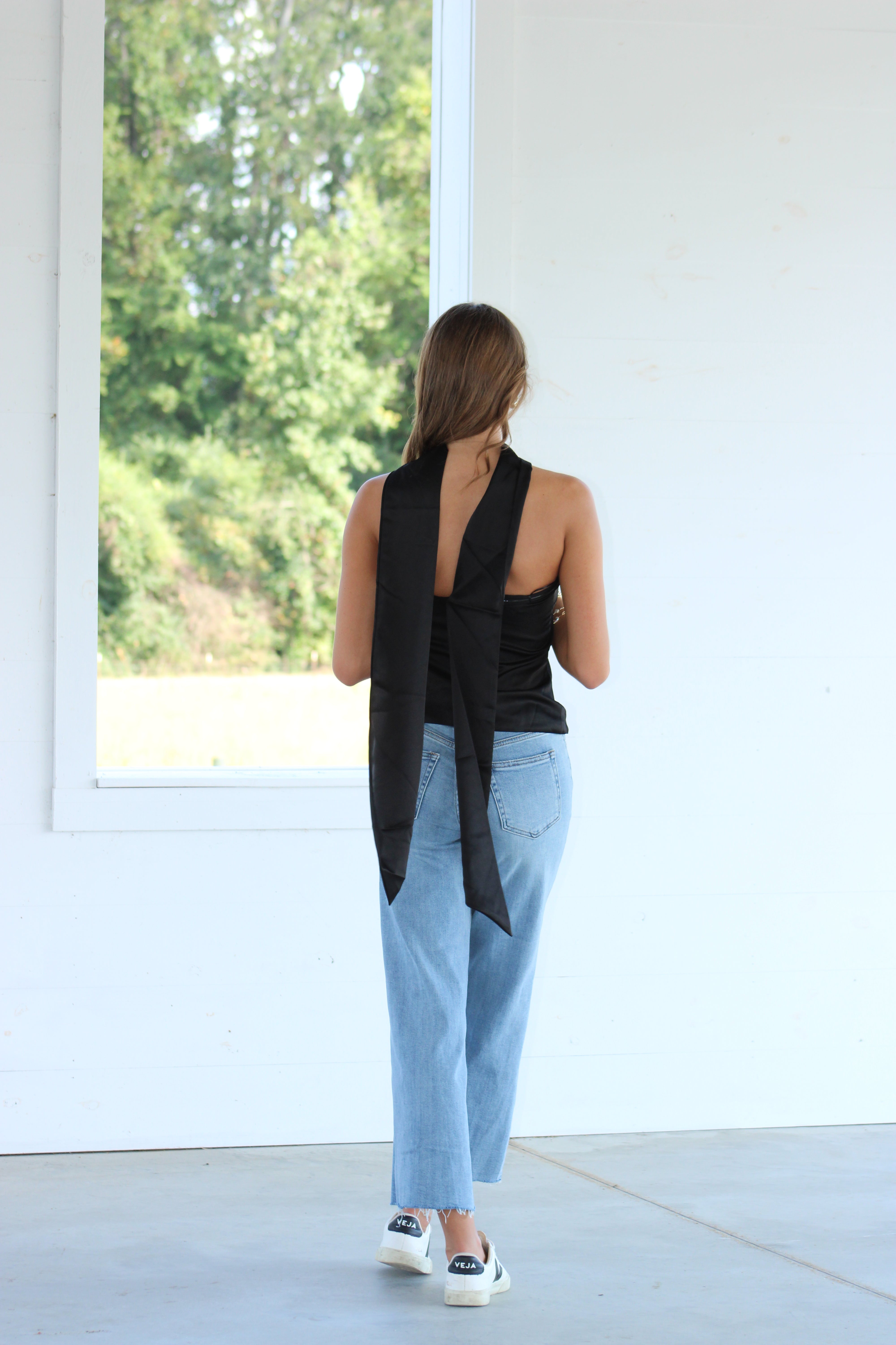 Alisia Satin Top With Scarf - Black