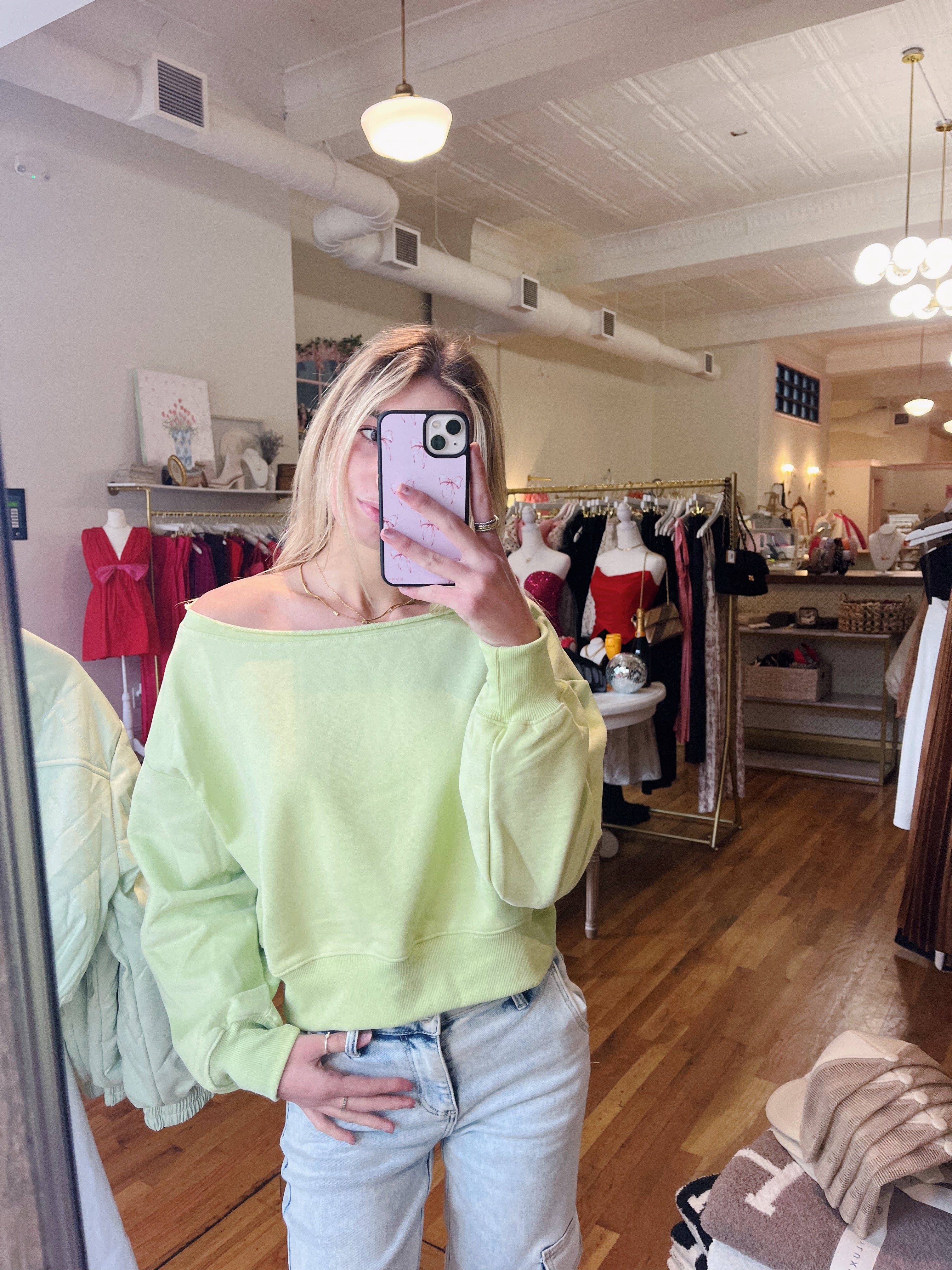 Piper Off Shoulder Cropped Sweatshirt - Lime