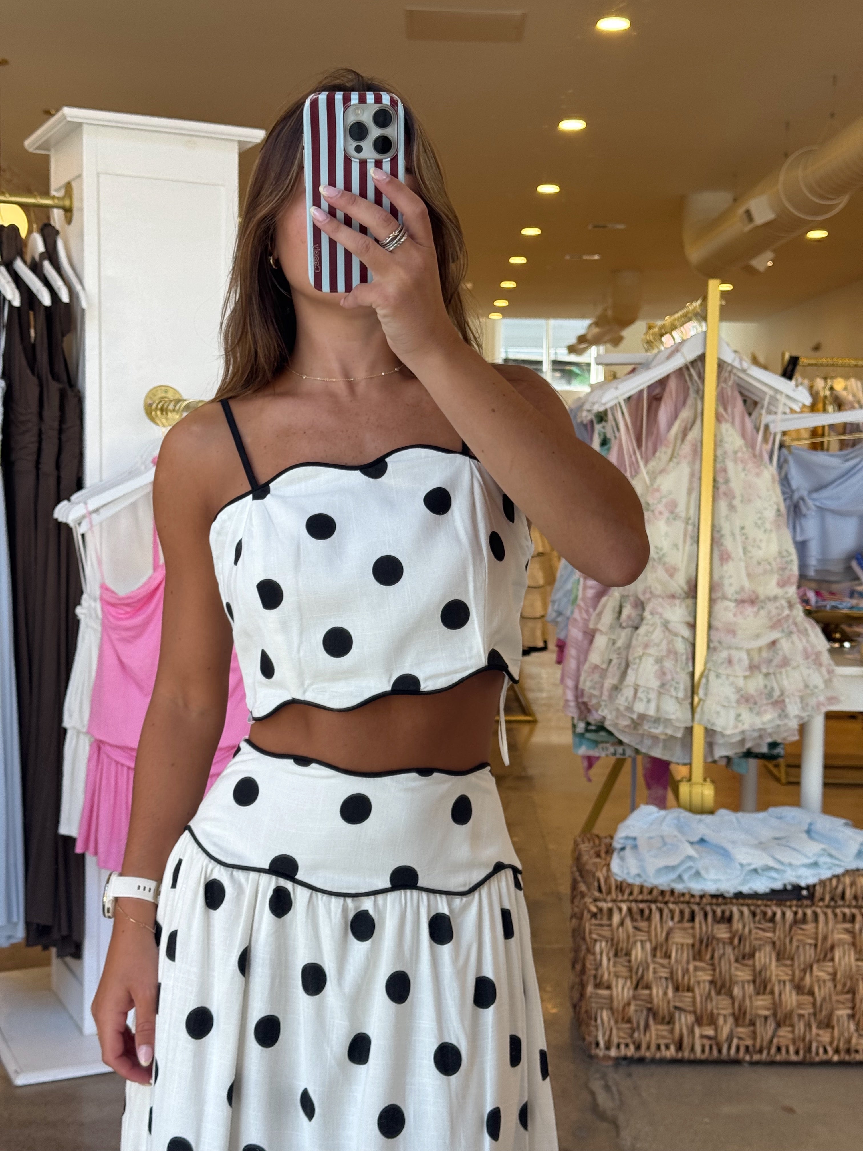 I’m Your Girl Top & Maxi Skirt Linen Set - Cream & Black Polka Dot