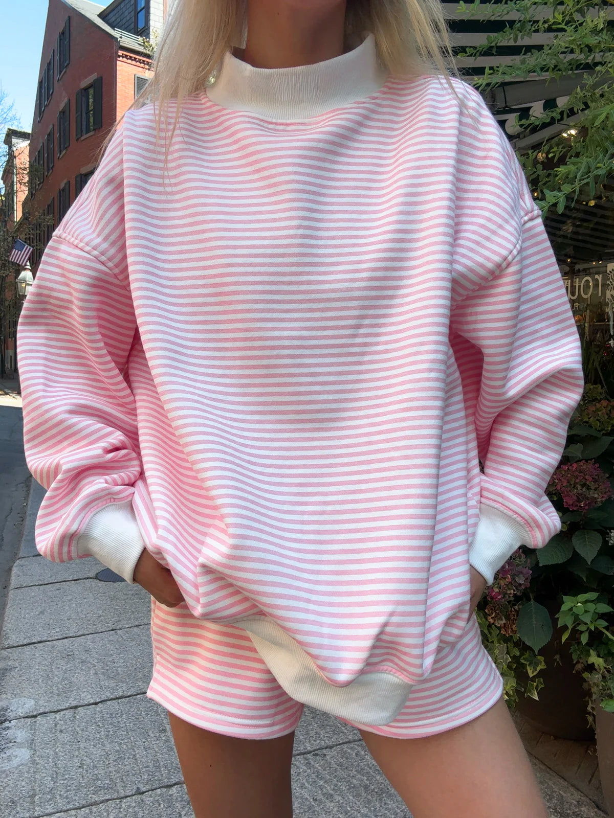 Light Pink & White Striped Mockneck Sweatshirt