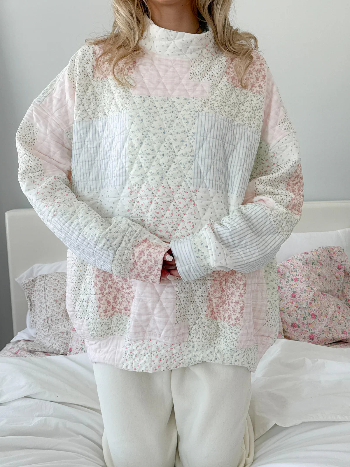 Quilted Pastel Mockneck Sweatshirt - Pink Multi