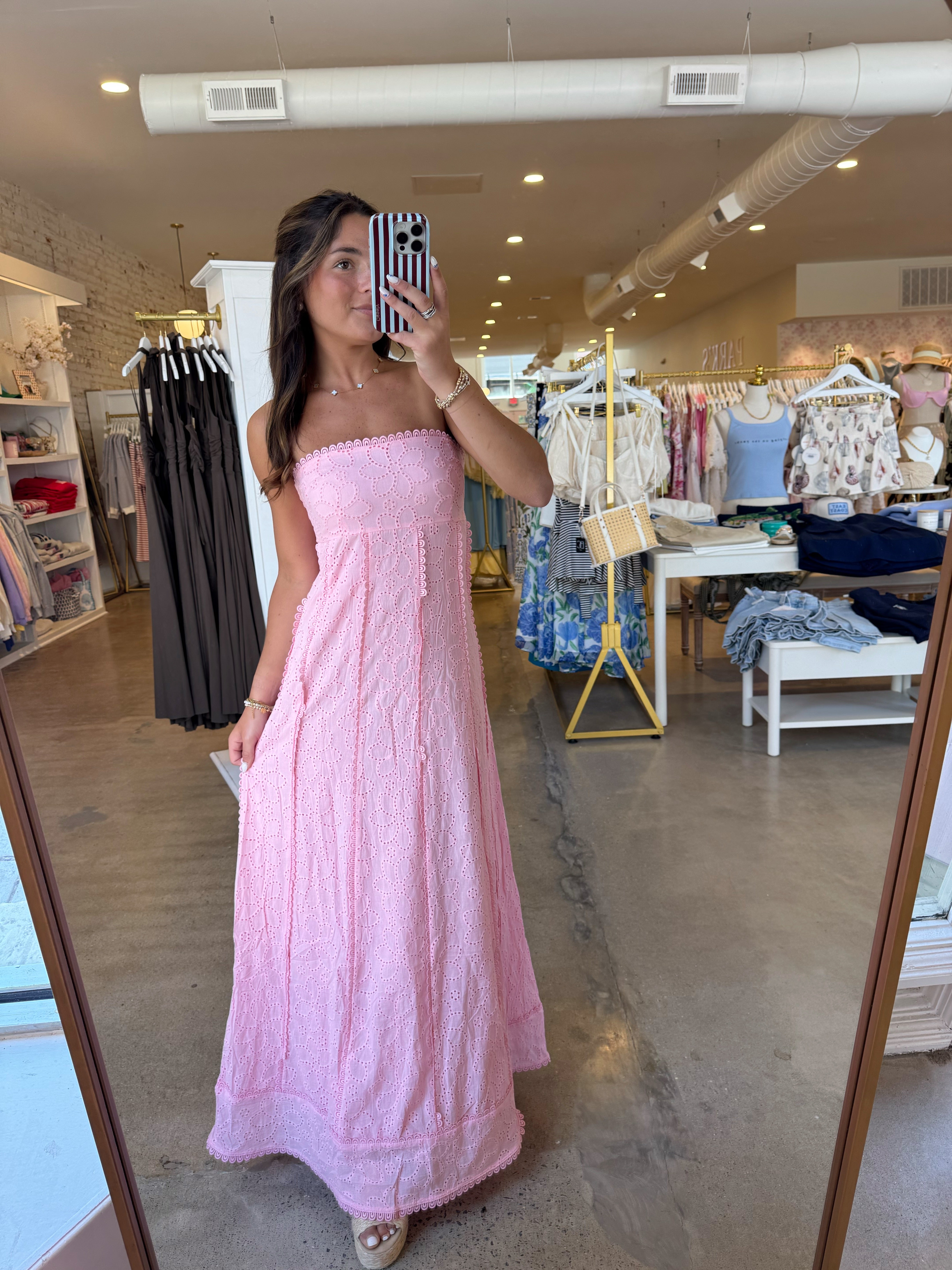 Melanie Eyelet Scalloped Trim Maxi Dress - Pink