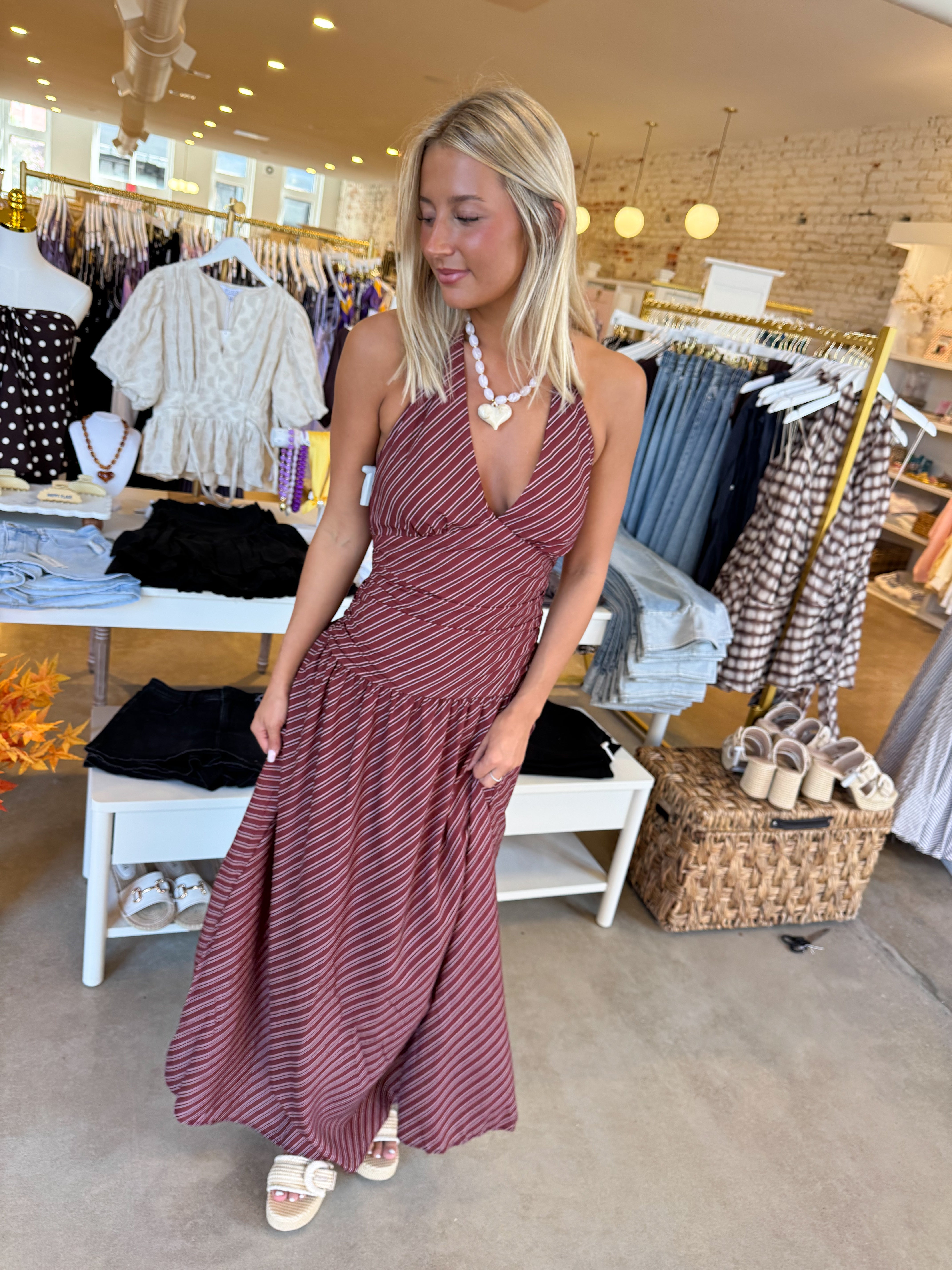Simone Halter Maxi Dress - Burgundy Stripe