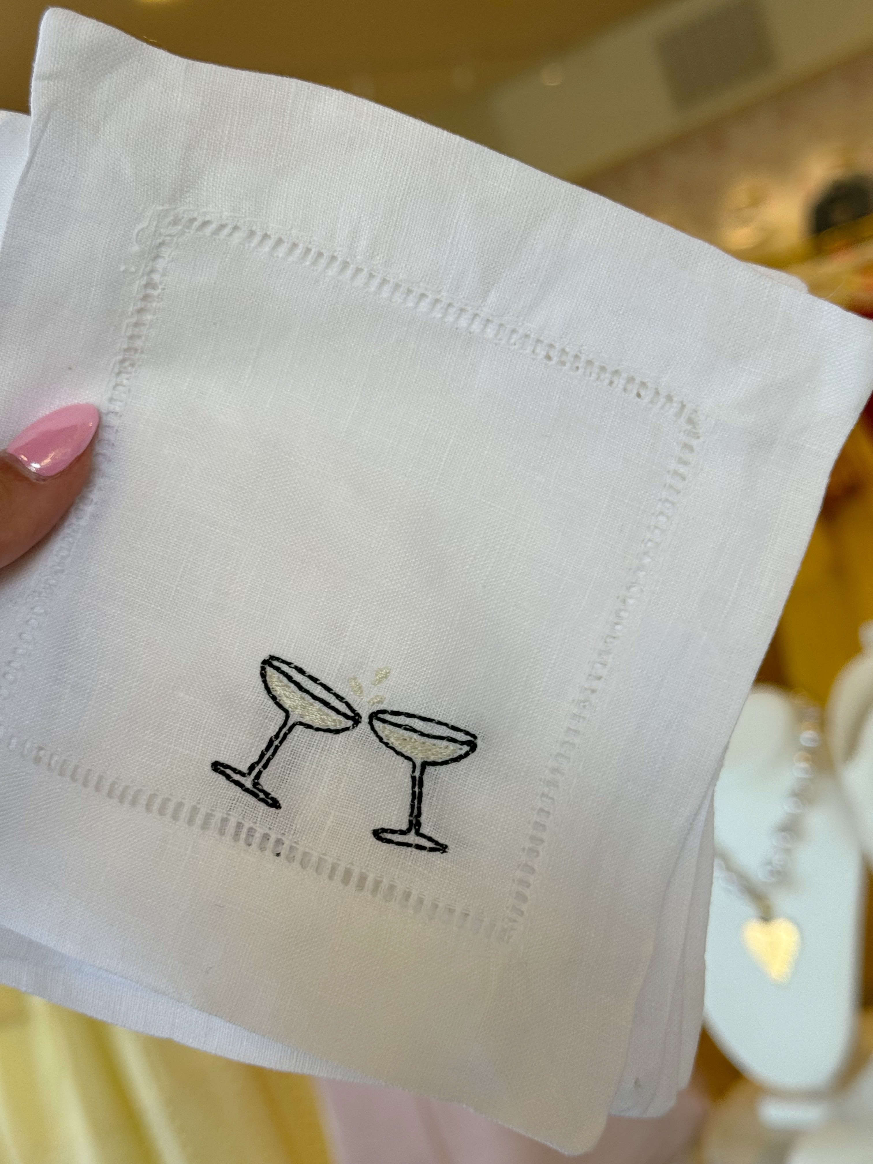Embroidered Linen Cocktail Napkins CHEERS - 4 pack