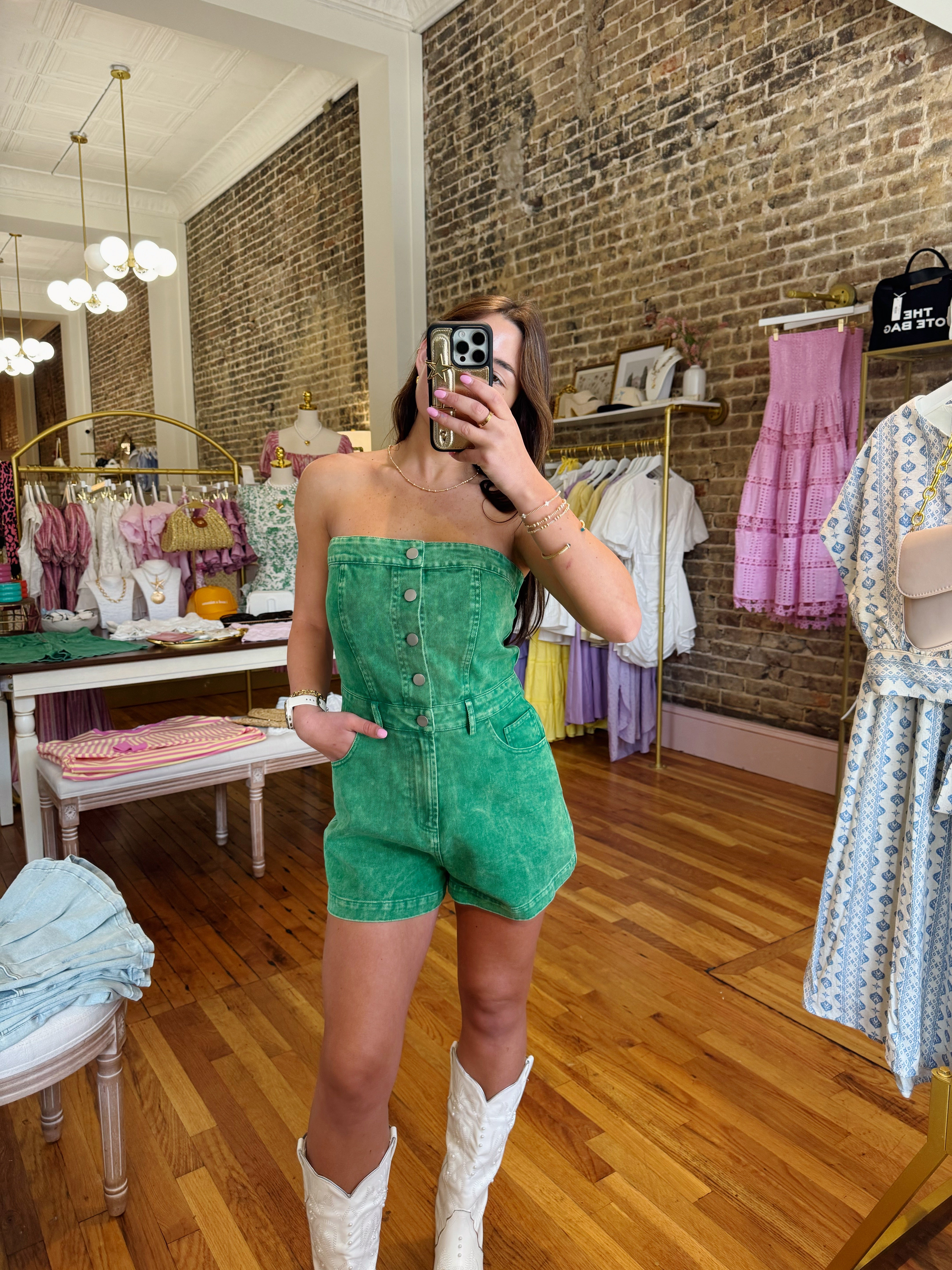 Lucky Me Denim Romper - Green