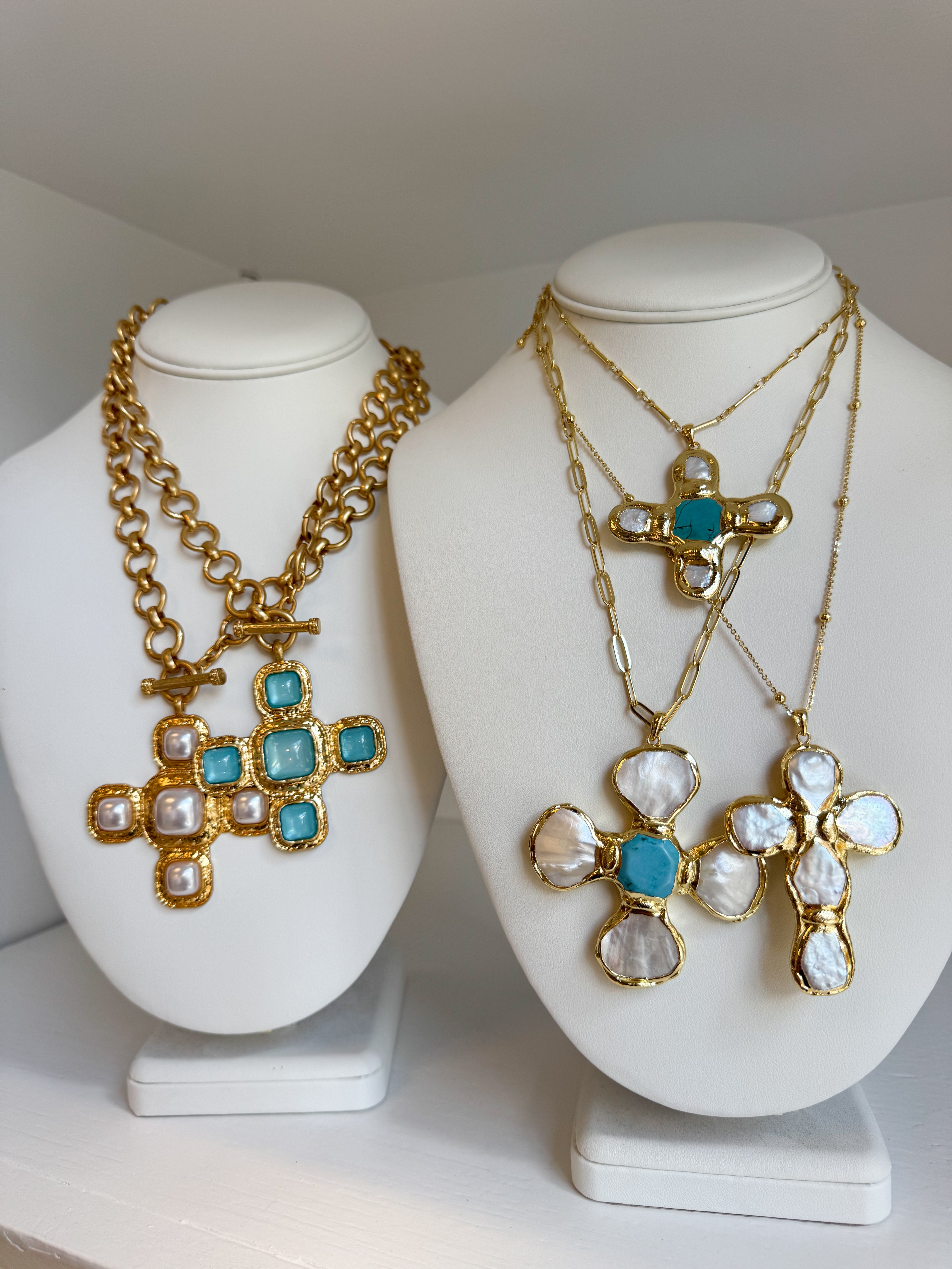 Gina Baroque Pearl Cross Pendant - Turquoise/Cream - Water Resistant