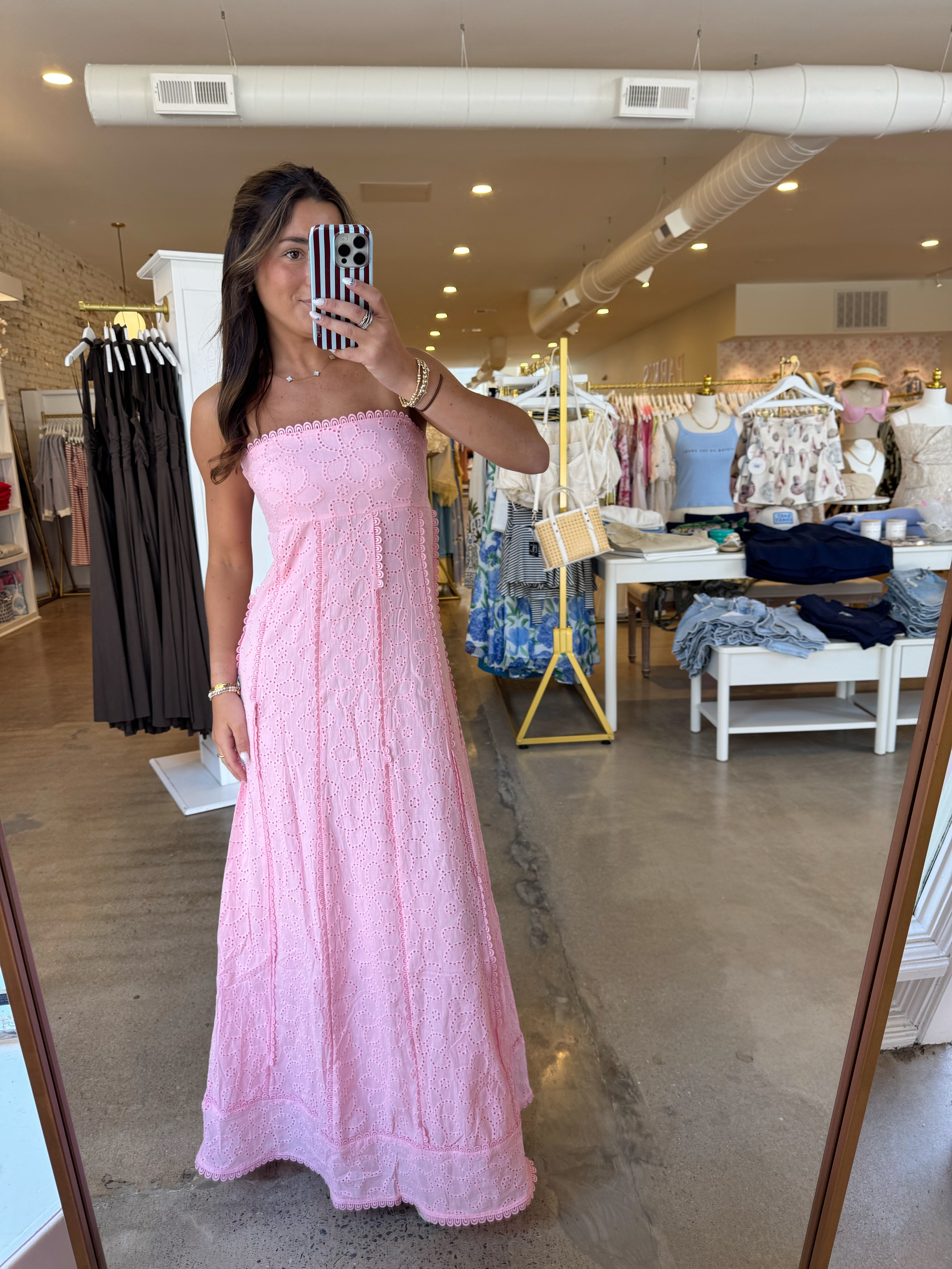Melanie Eyelet Scalloped Trim Maxi Dress - Pink