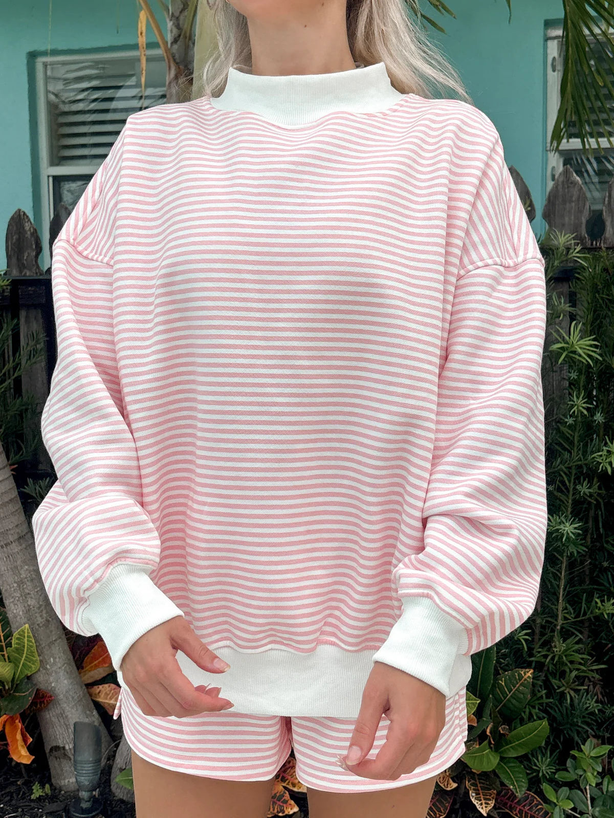 Light Pink & White Striped Mockneck Sweatshirt