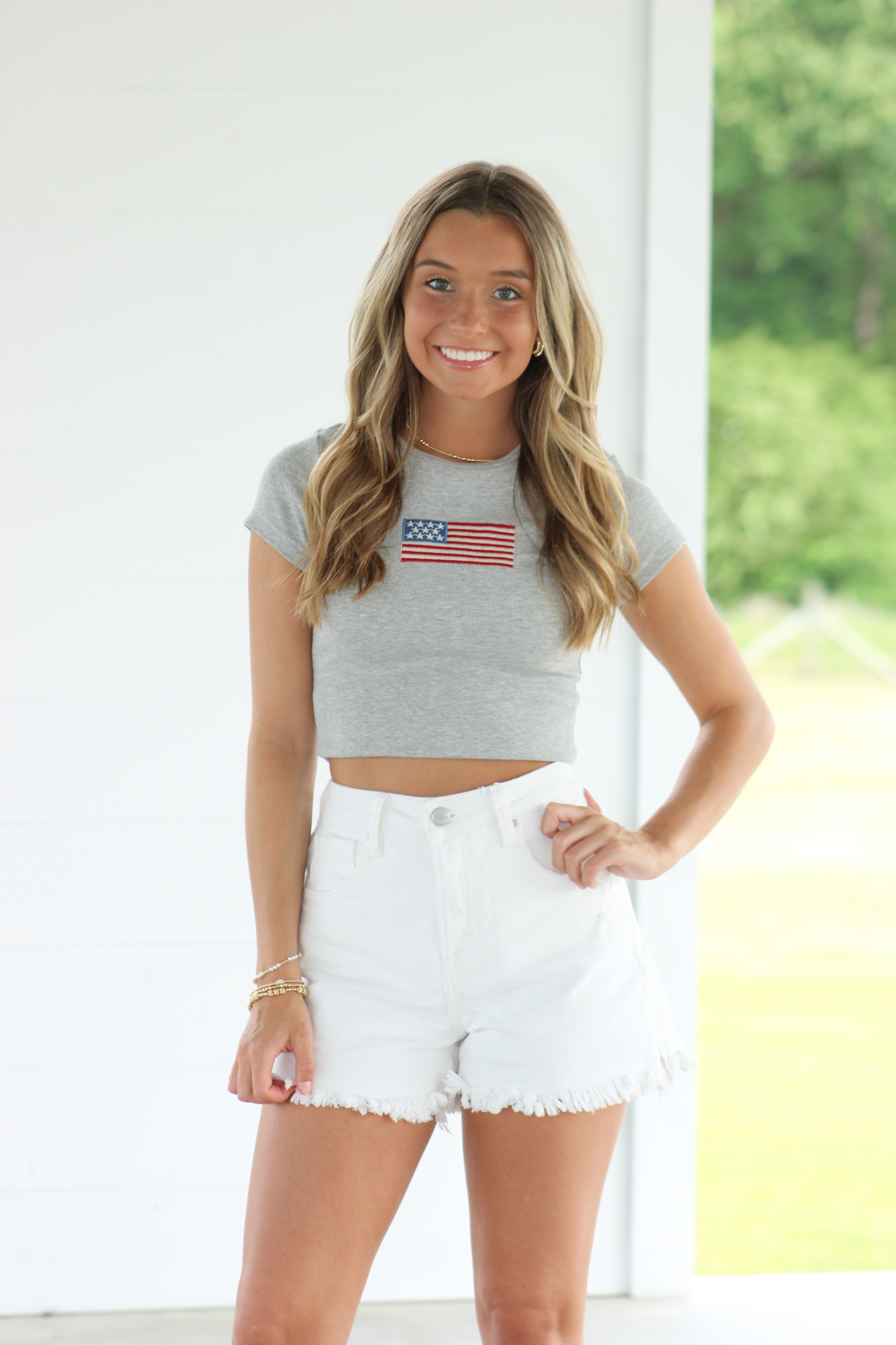 American Flag Baby Tee - Grey