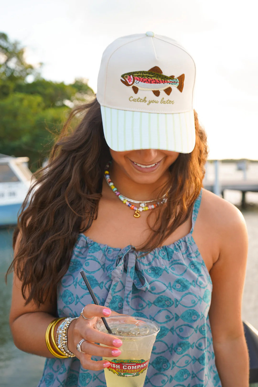 Catch You Later Embroidered Trucker Hat - Green Stripe