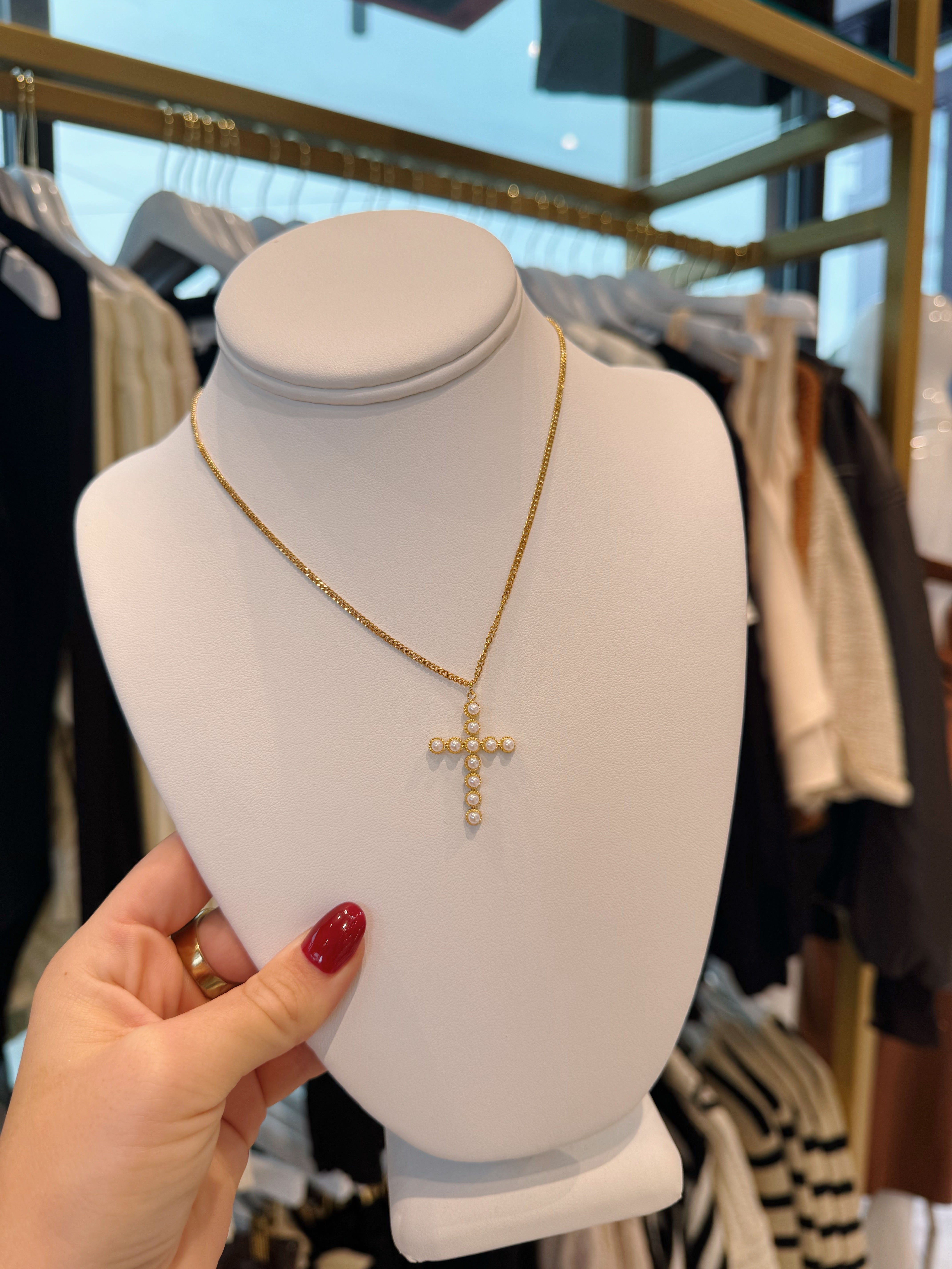 Rebecca Pearl Cross Necklace - Gold