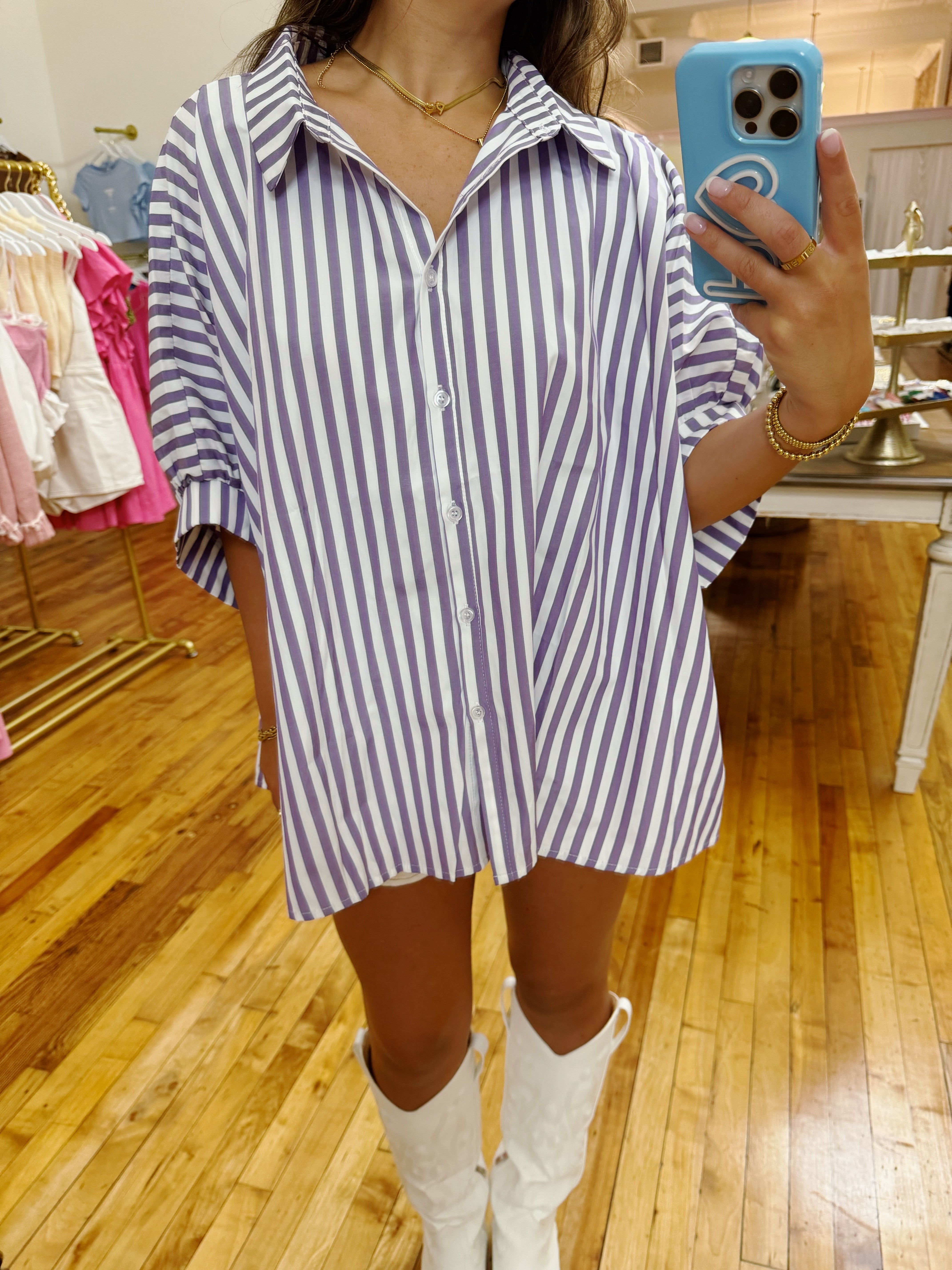 Laid Back Oversized Button Down Top - Purple