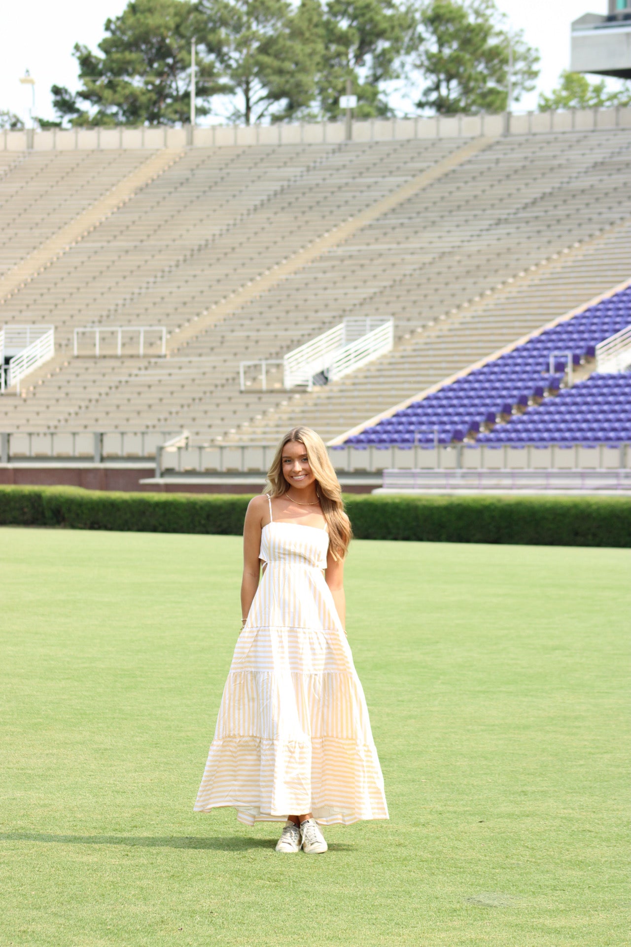 Dowdy Cutout Maxi Dress - Yellow & White Stripe
