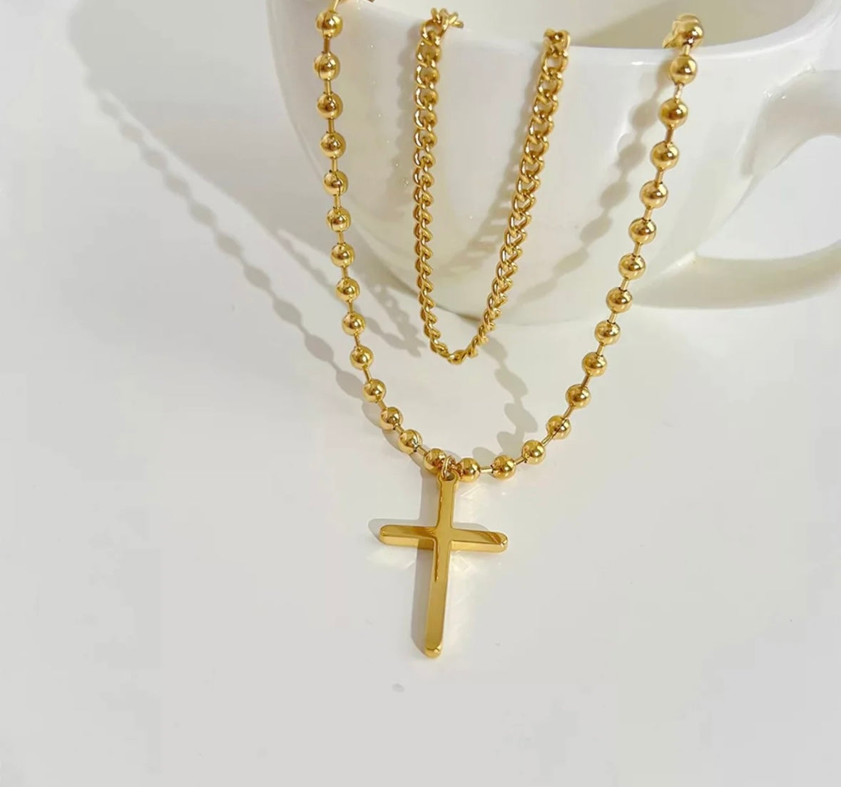 Layered Cross Necklace - Gold - Water Resistant