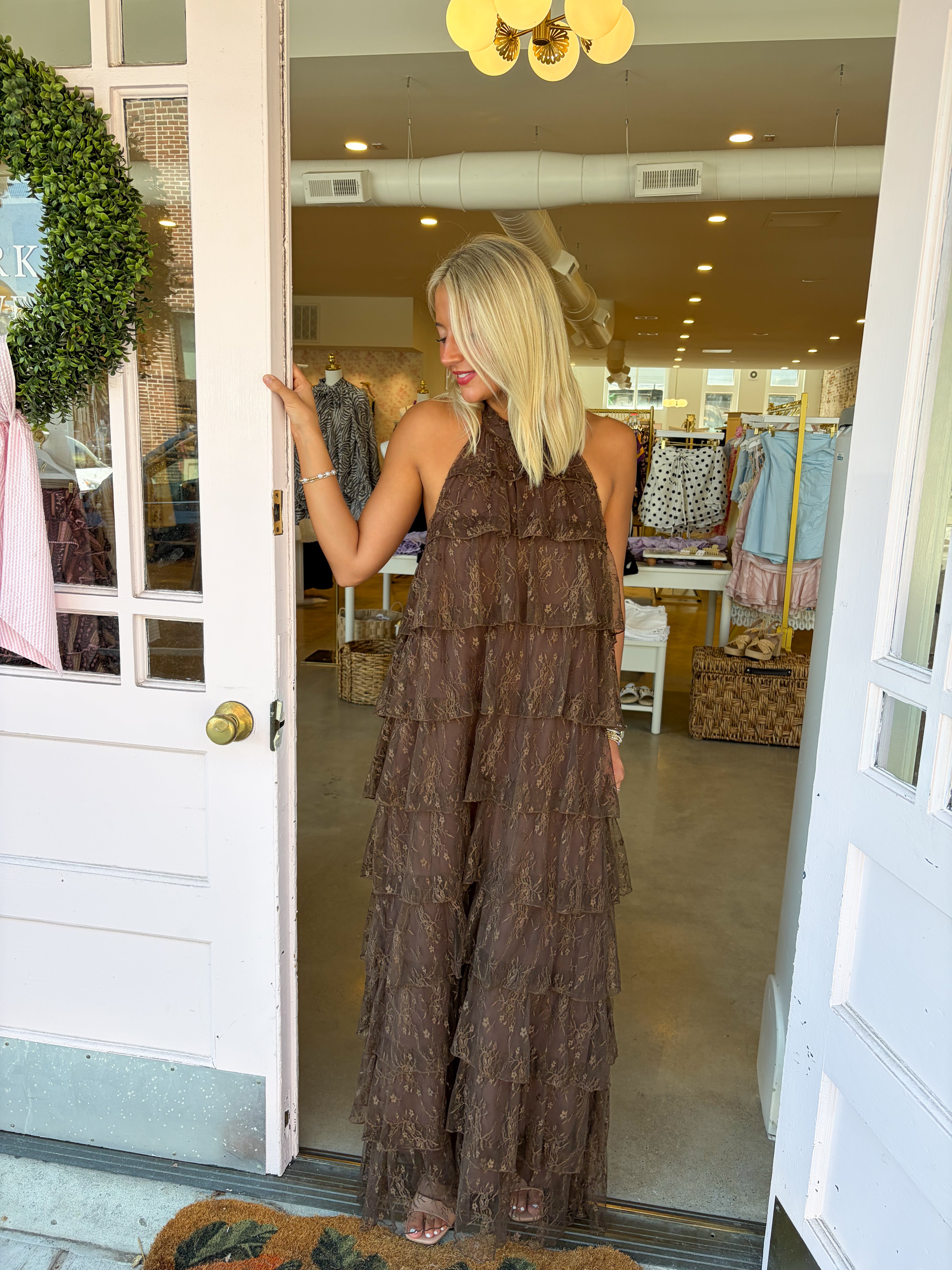 Ella Lace Ruffle Maxi Dress - Brown