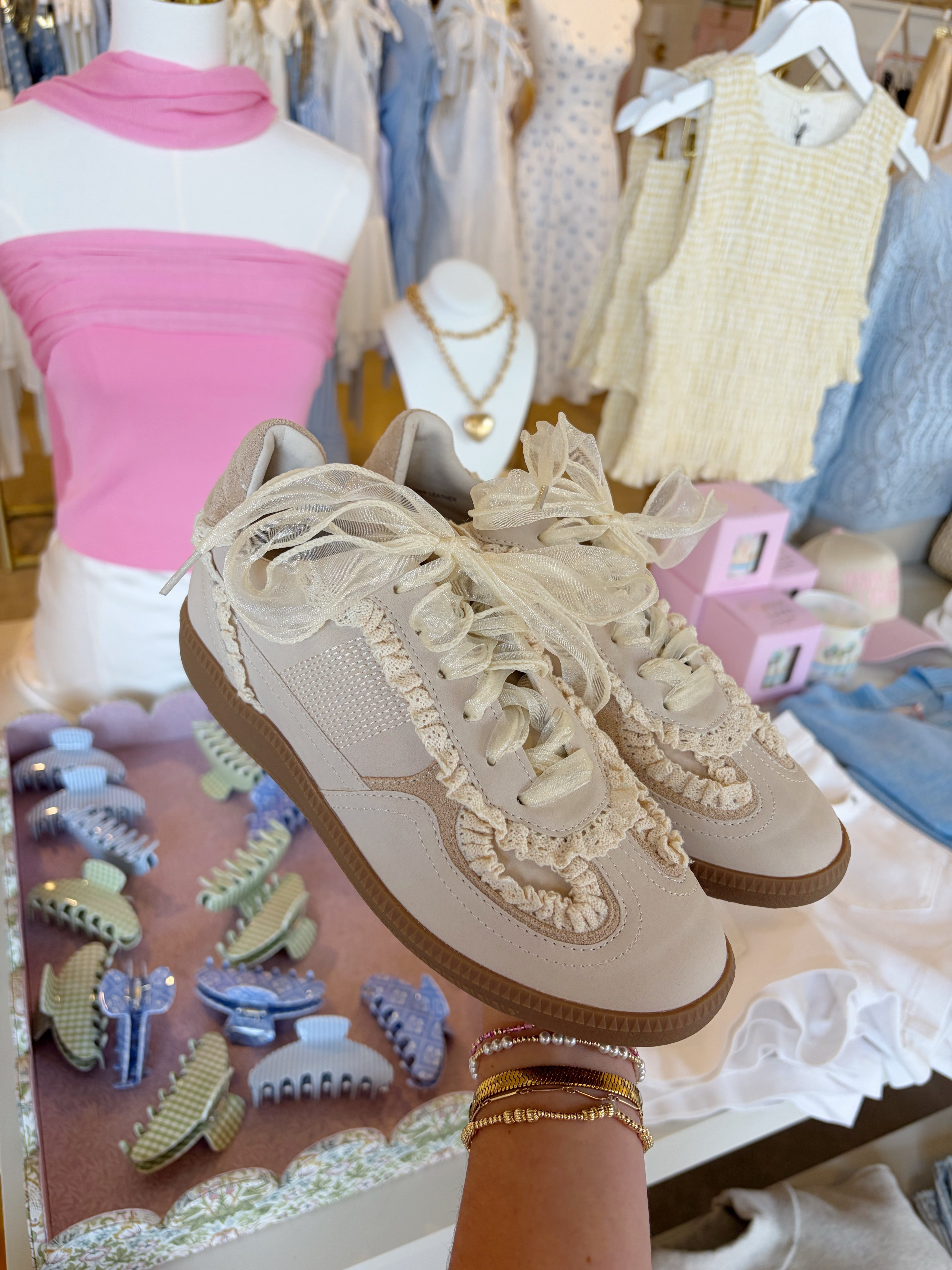 April Lace Trimmed Retro Sneaker - Cream