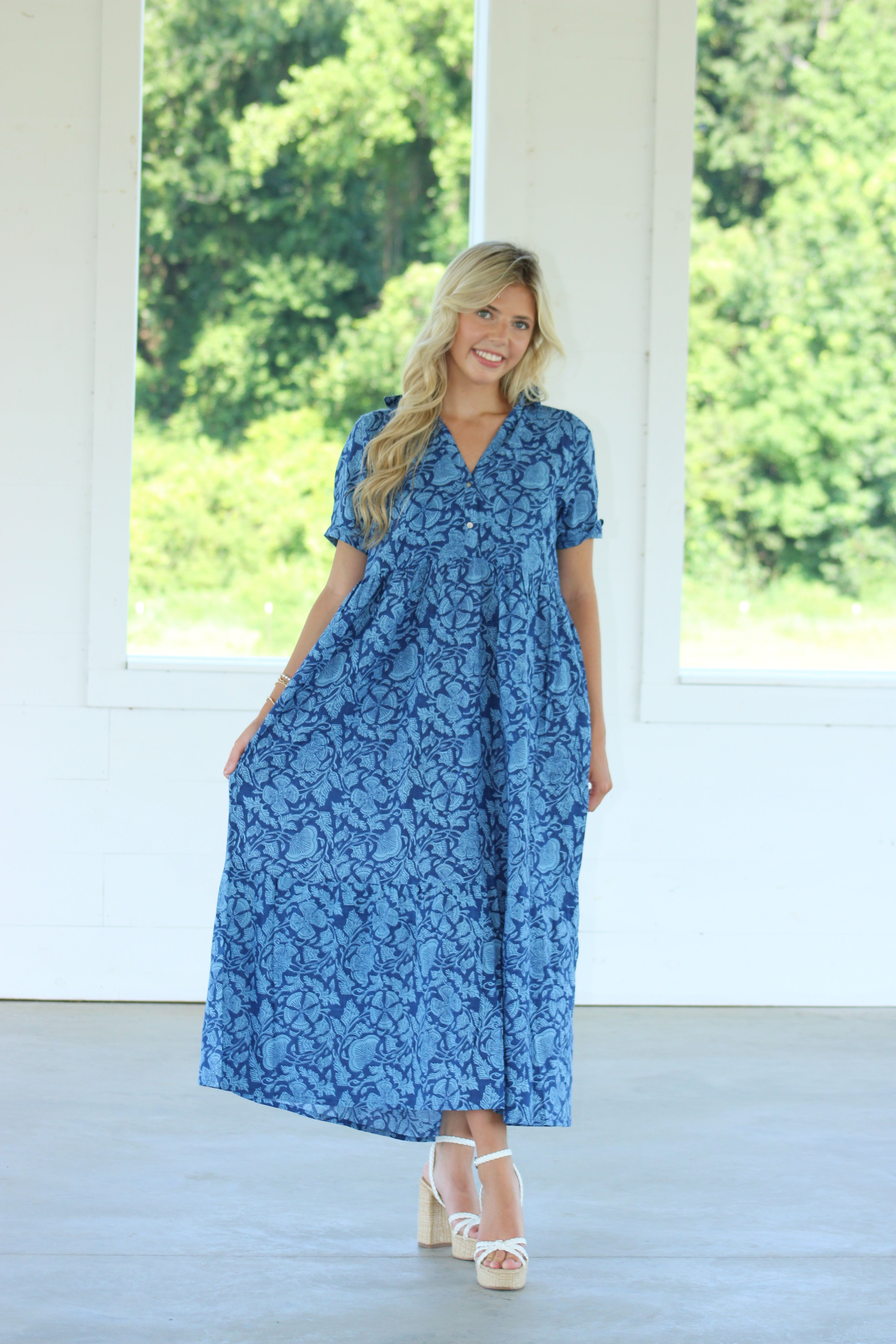 Summer Blues Midi Dress - Navy & Light Blue