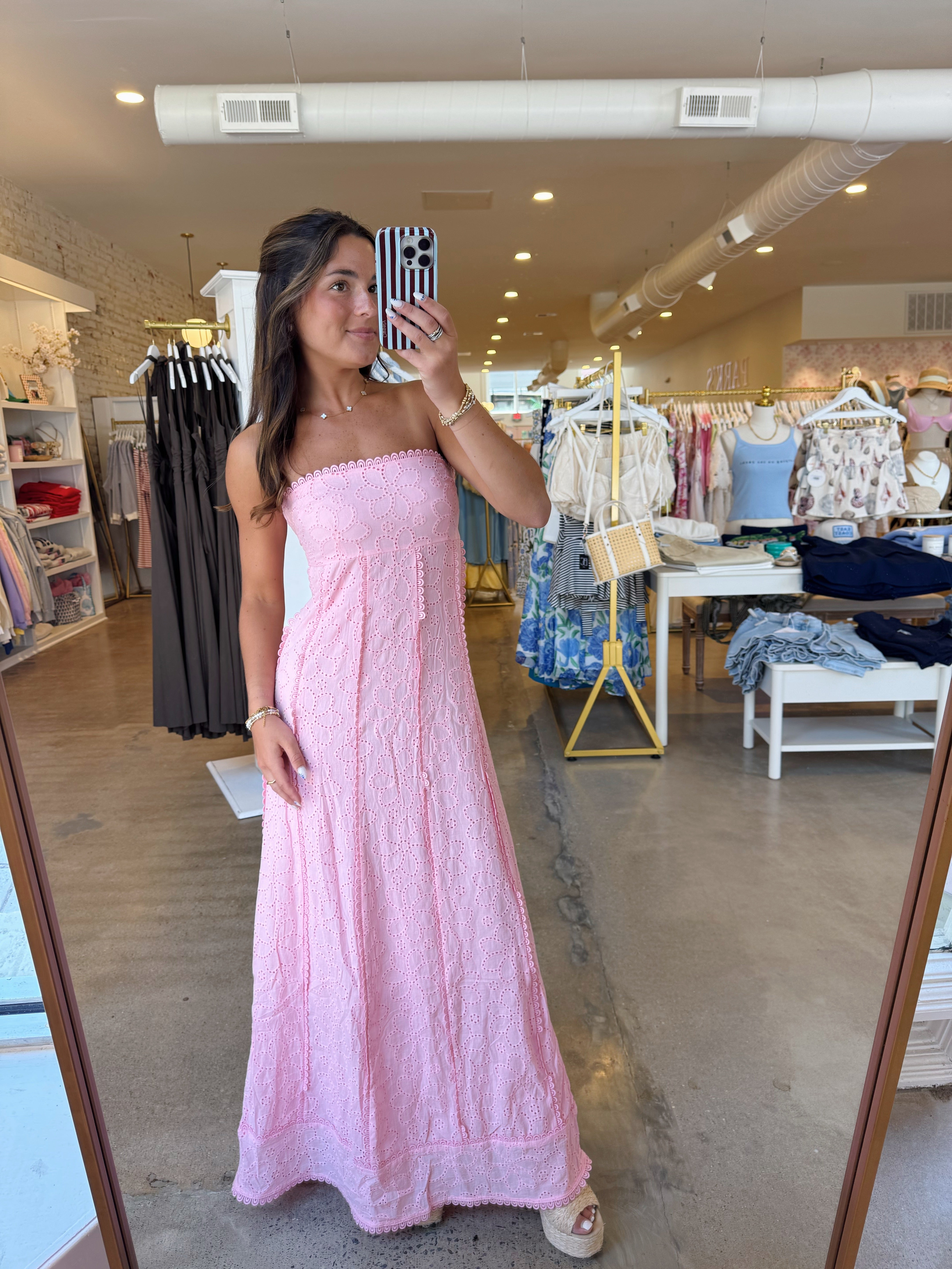 Melanie Eyelet Scalloped Trim Maxi Dress - Pink